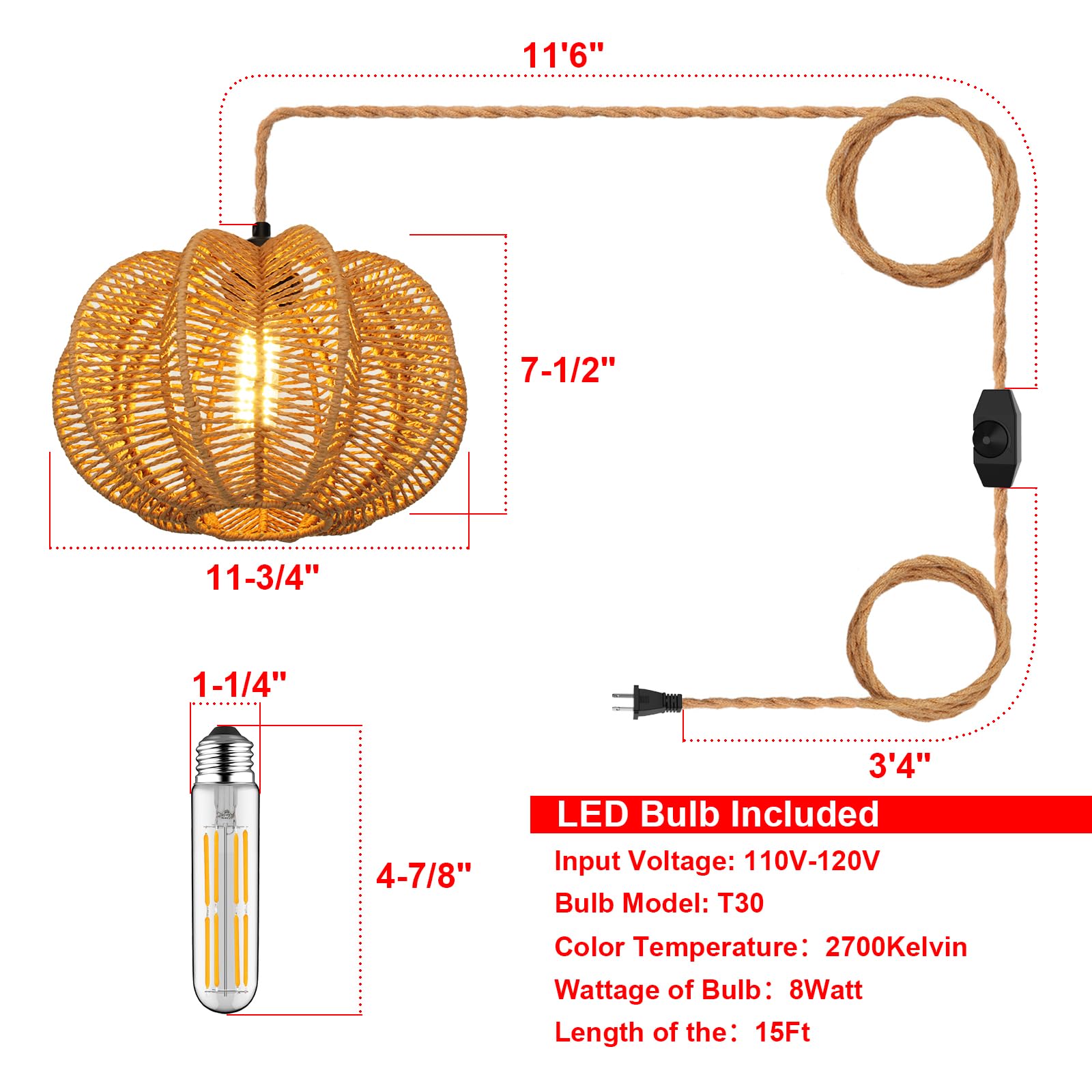 Tebio Rattan Plug-In Pendant Light, Dimmable 15Ft Hemp Rope Cord, Boho Indoor Hanging Lamp