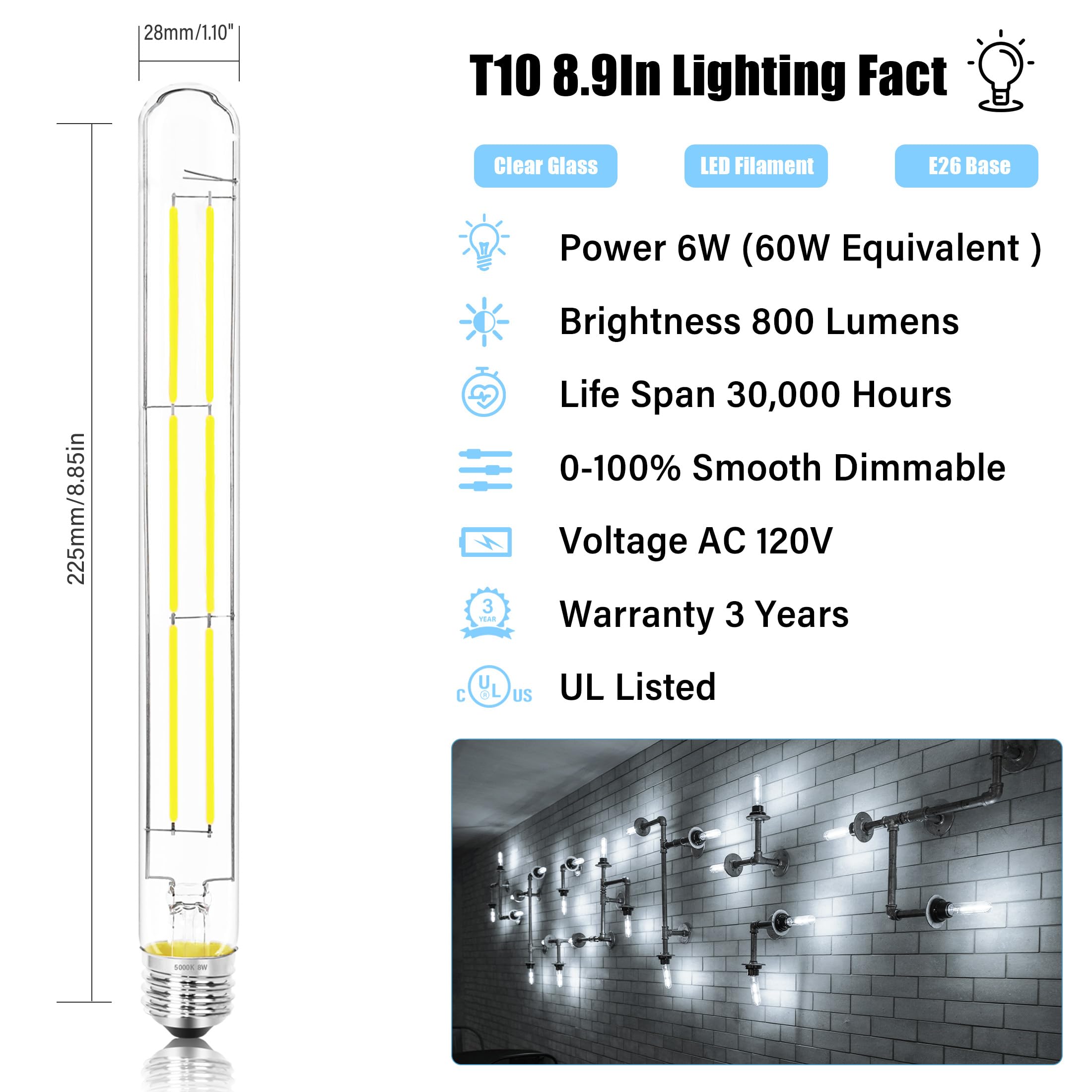 NOVELUX LED Light Bulbs E26 Base 6W 800LM Dimmable 5000K Daylight 9 Inch Glass Tubular Bulbs - 2 Pack