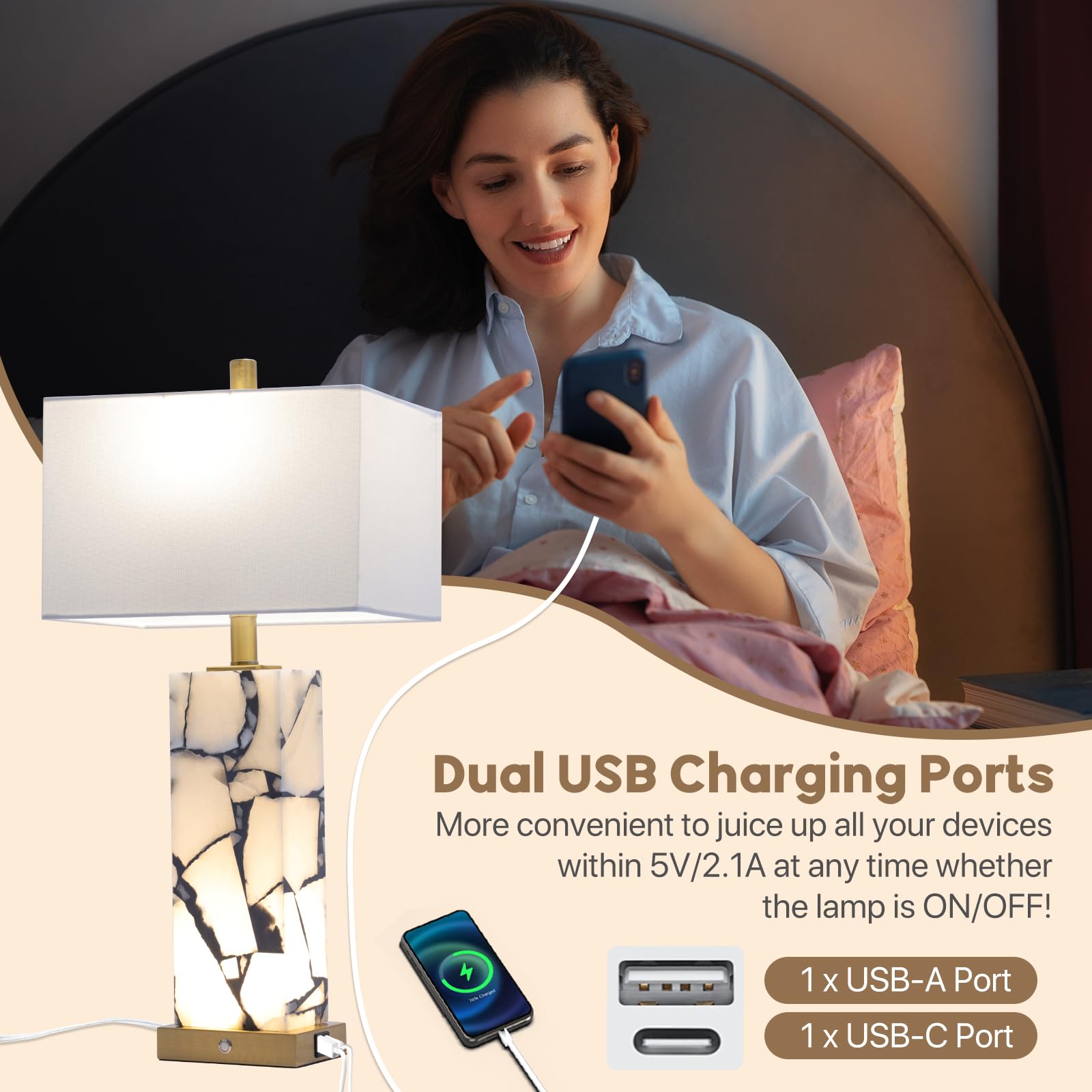 Vallerico Natural Marble Table Lamps Set of 2 - Alabaster with Nightlight, USB Ports, Gold - Ideal for Bedroom or Living Room, Bulbs Included