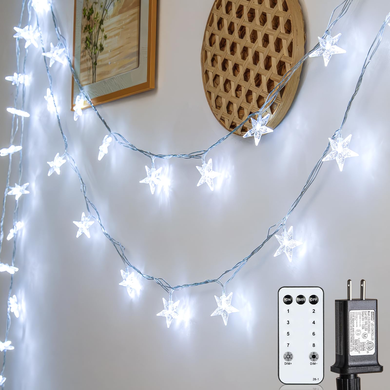 JOLYMOLY Star String Lights 100 LED Cool White 59ft Plug-in with Remote Timer, 8 Modes, Model FX-SL002 for Indoor Outdoor Decor