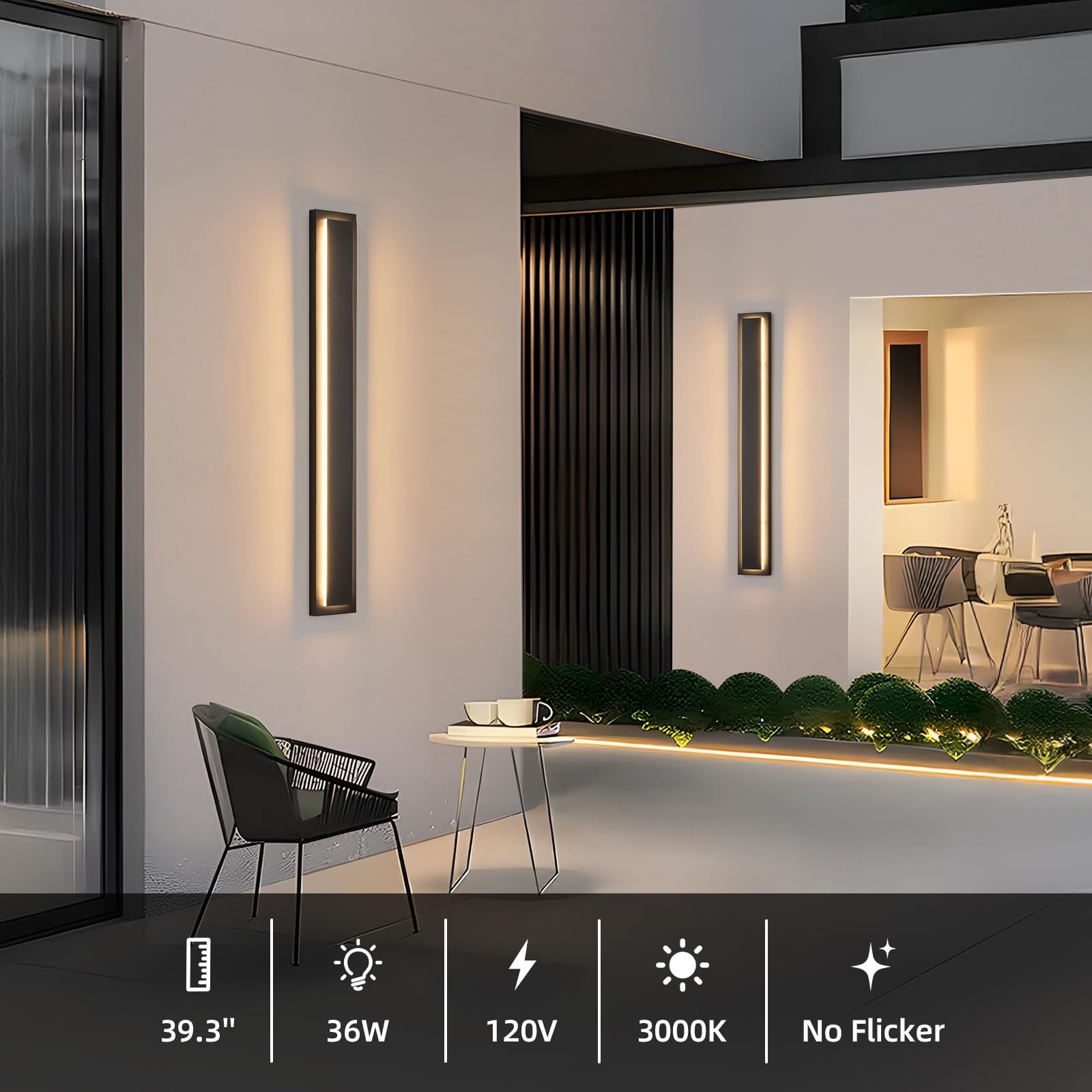 tewei Modern Outdoor Wall Sconce 39.3" Black LED Lighting Fixtures, Warm White 3000K, 2 Pack, Metal, Model 670b104a