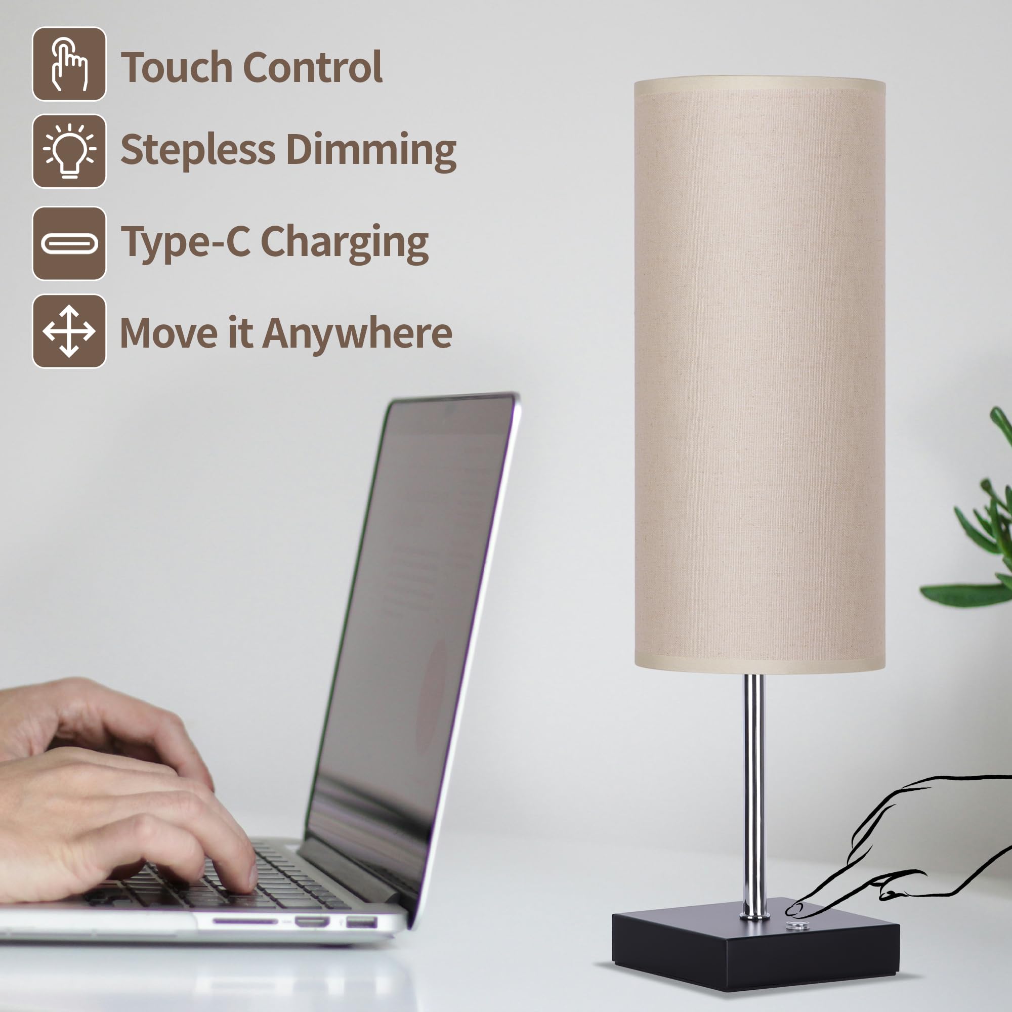 18Inch Cordless Table Lamp, Rechargeable Lamp Touch Control Dimmable, Battery Operated Small Bedside Table Lamps For Night Stand