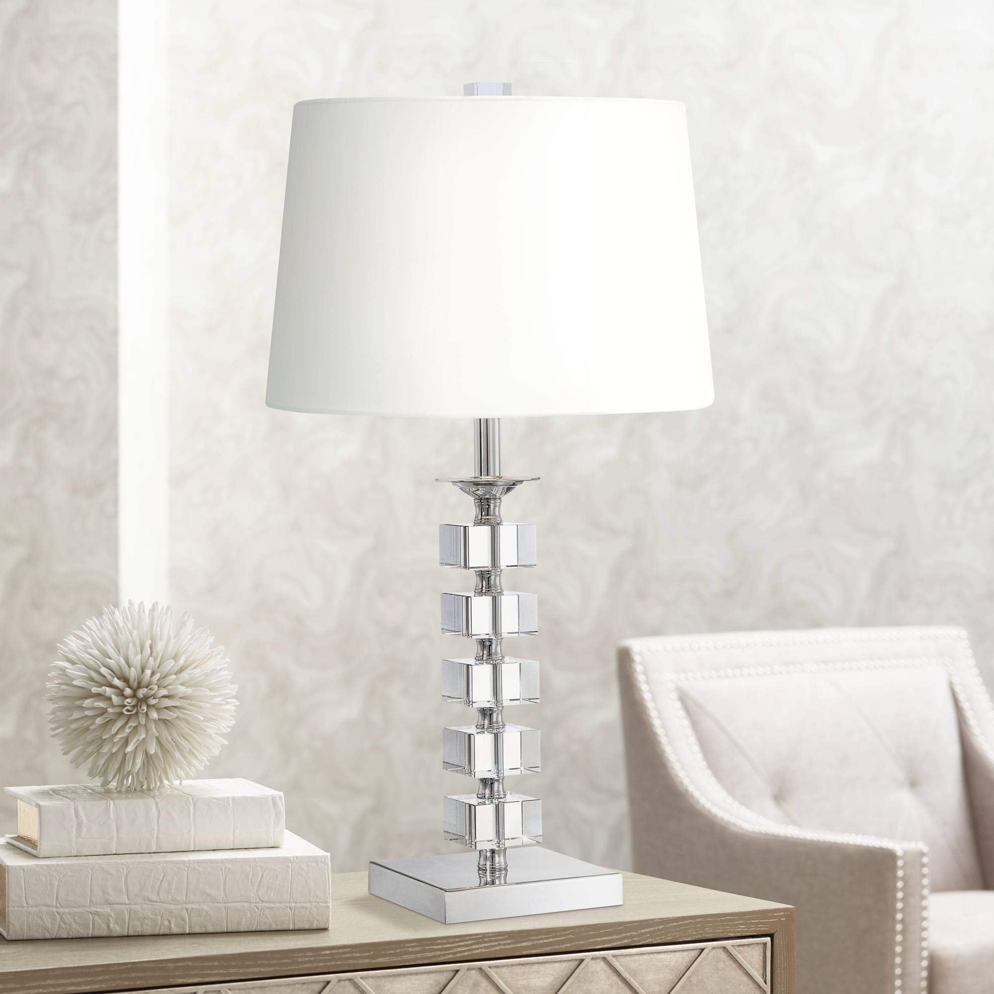 Vienna Full Spectrum Table Lamp - 25in High, Crystal Stacked Cubes, White Fabric Tapered Shade, Model P0400, Ideal for Bedroom and Living Room