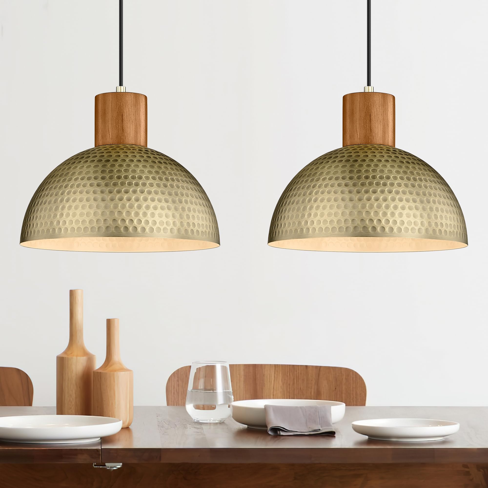 ELYONA 2 Pack Hammered Pendant Lights 12  Vintage Metal & Wood Dome Hanging Lamp Antique Gold Industrial Kitchen Pendant Light Fixtures for Island  Farmhouse  Dining Room  Sink  Hallway  Brushed Brass