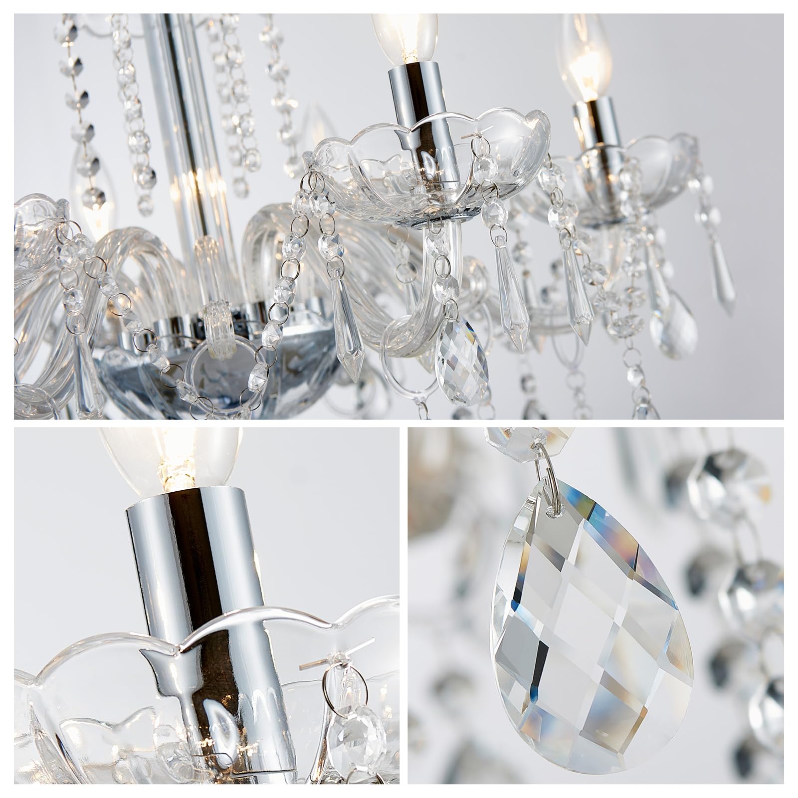 Wuzups 6-Light Crystal Candle Chandelier Pendant Ceiling Light Modern Lighting Fixture For Bedroom Hallway Bar Kitchen Bathroom  H 25.6 W 24.4  E12 Base  Chrome