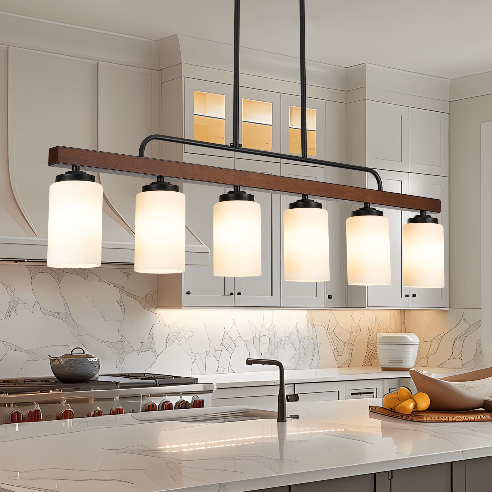Farmhouse Dining Room Light Fixture Over Table, Black 6-Light Wood Kitchen Island Lighting with Milk White Glass, Industrial Lin