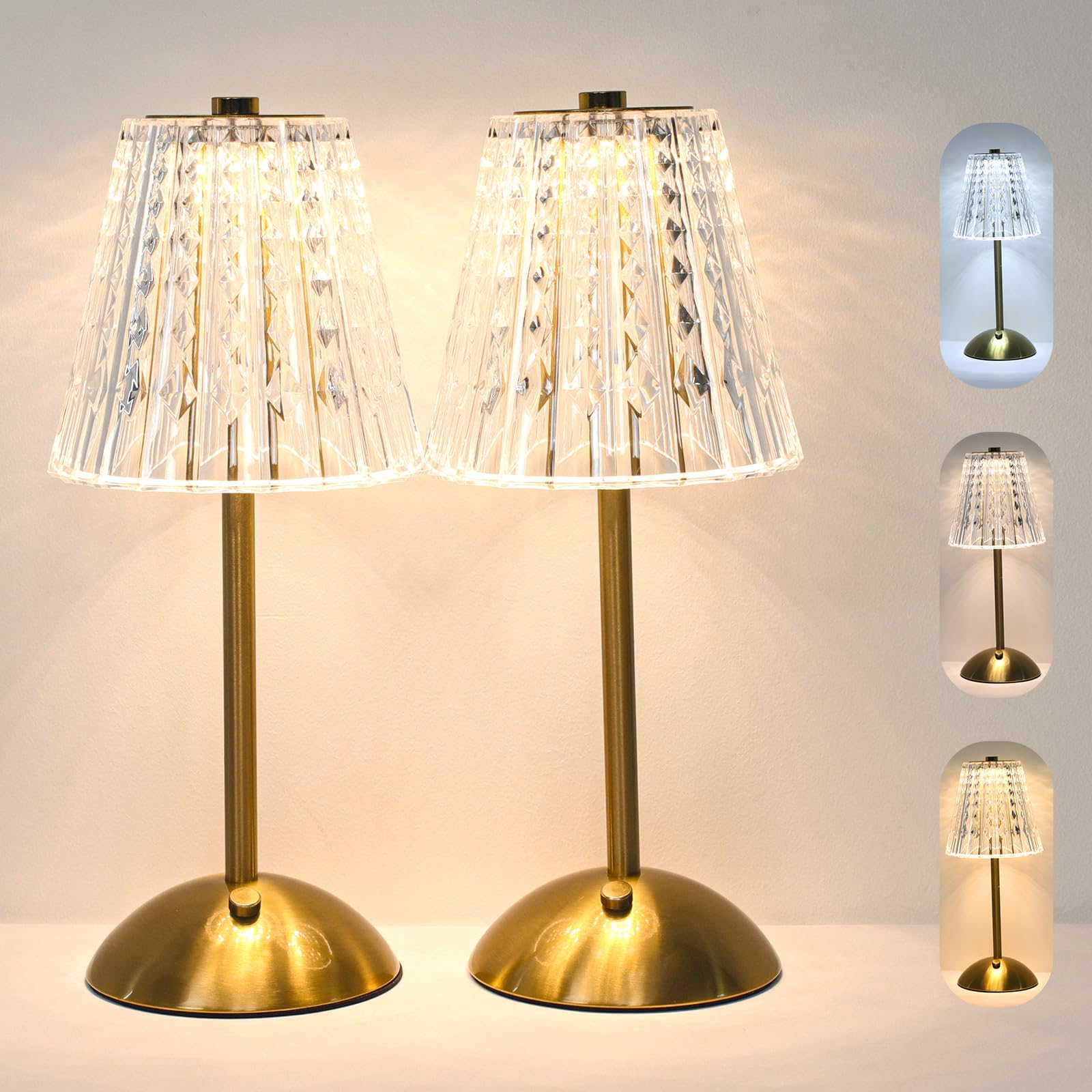 Gkeiten 2 Pack Cordless Metal Desk Lamp,Touch Sensor Control LED Table Lamp,3 Way Dimmable Nightstand Lamp with Cristal Shade De