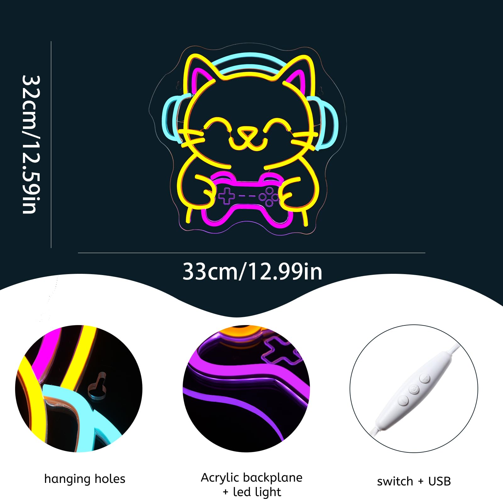 Ineonlife Game Cat Neon Sign For Wall Decor Light Up Cute Animal Led Signs For Game Room Acrylic Art Decor For Home Bar Bedroom