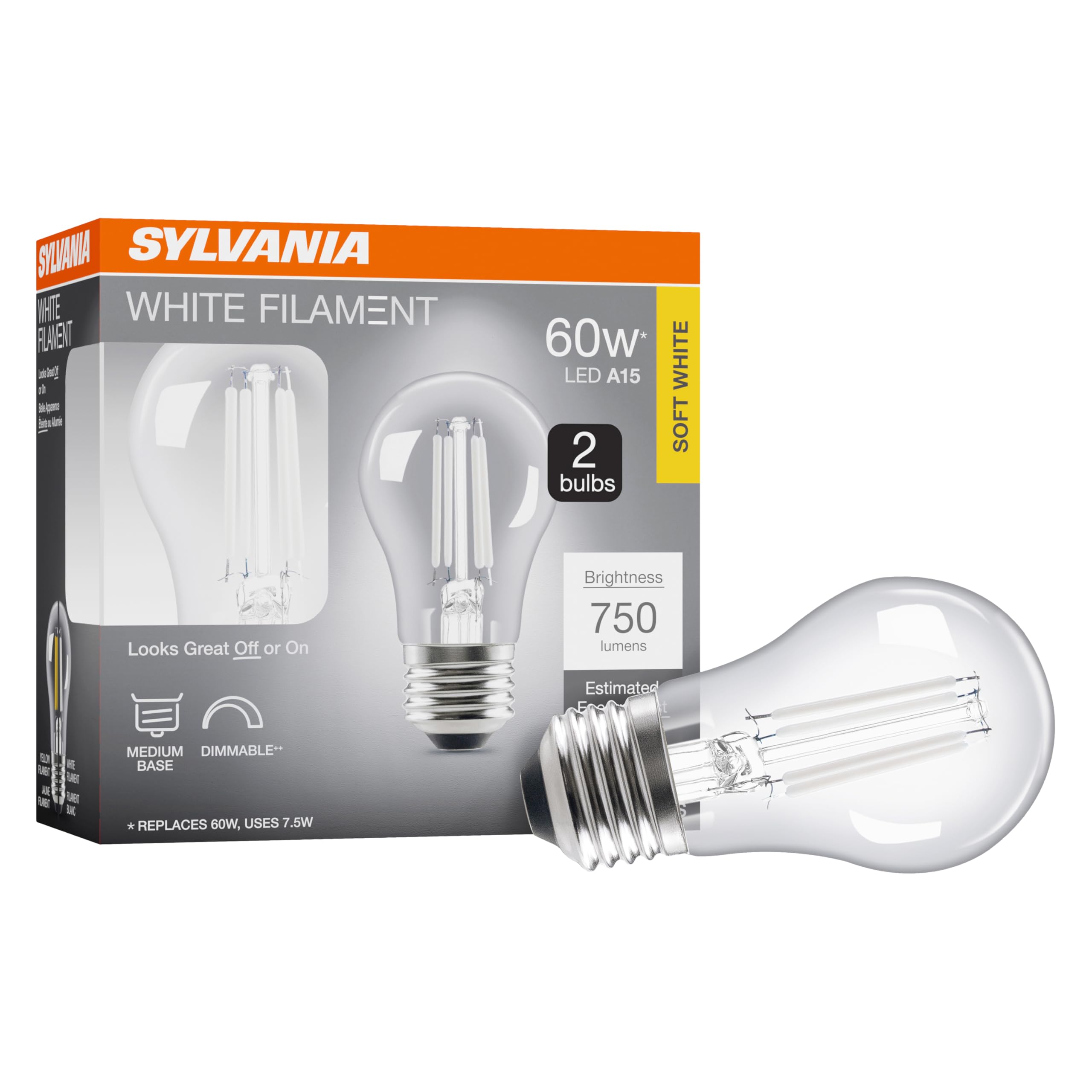 Sylvania A15 Clear Globe Led White Filament Bulb, 7.5W, Dimmable, 750 Lms, Medium Base, 2700K, Soft White - 2 Pack (42247)