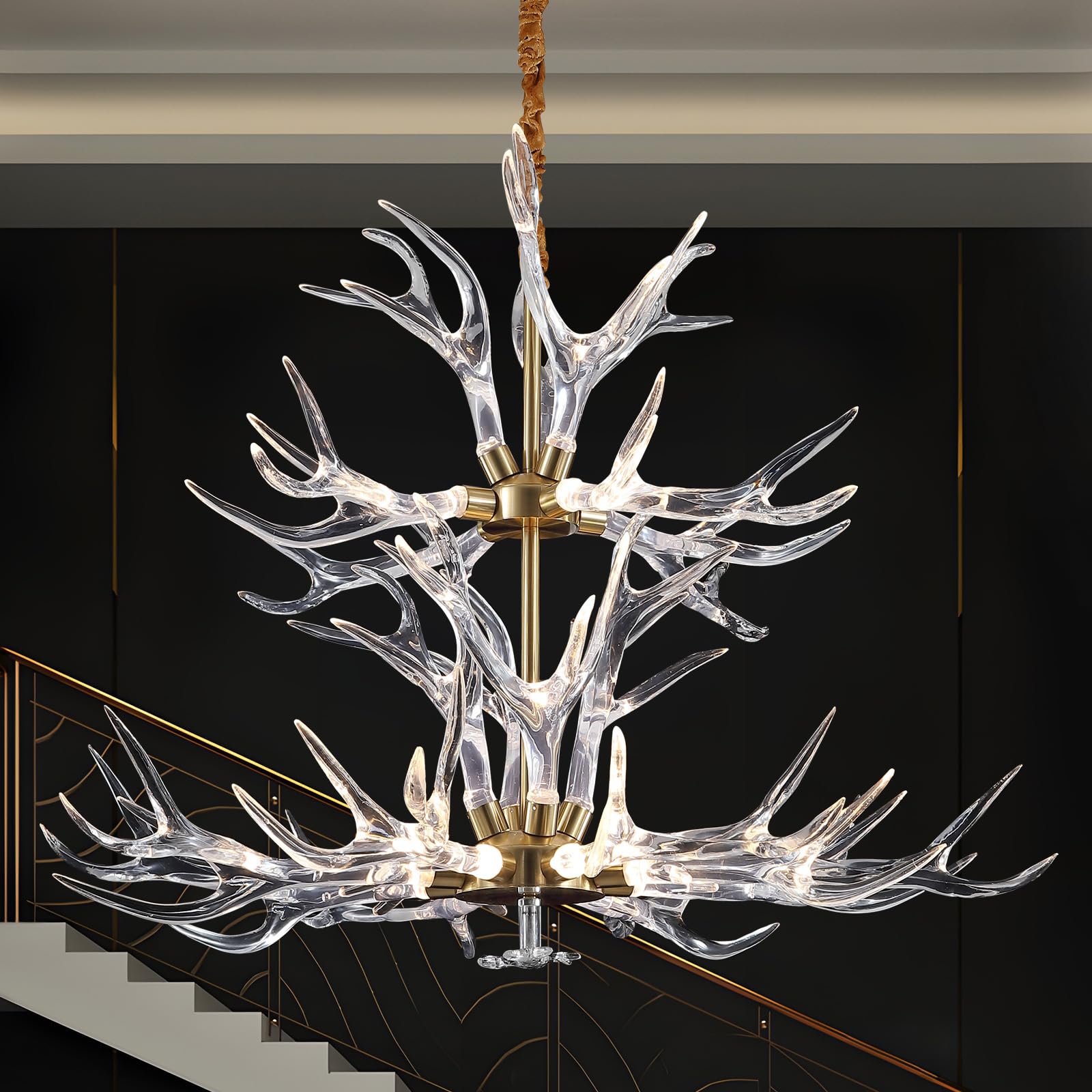 RinkBik Acrylic Antler Chandelier Ceiling Light Fixtures, Deer Antler Chandelier Lighting, Resin Antlers Pendant Light for Dinin