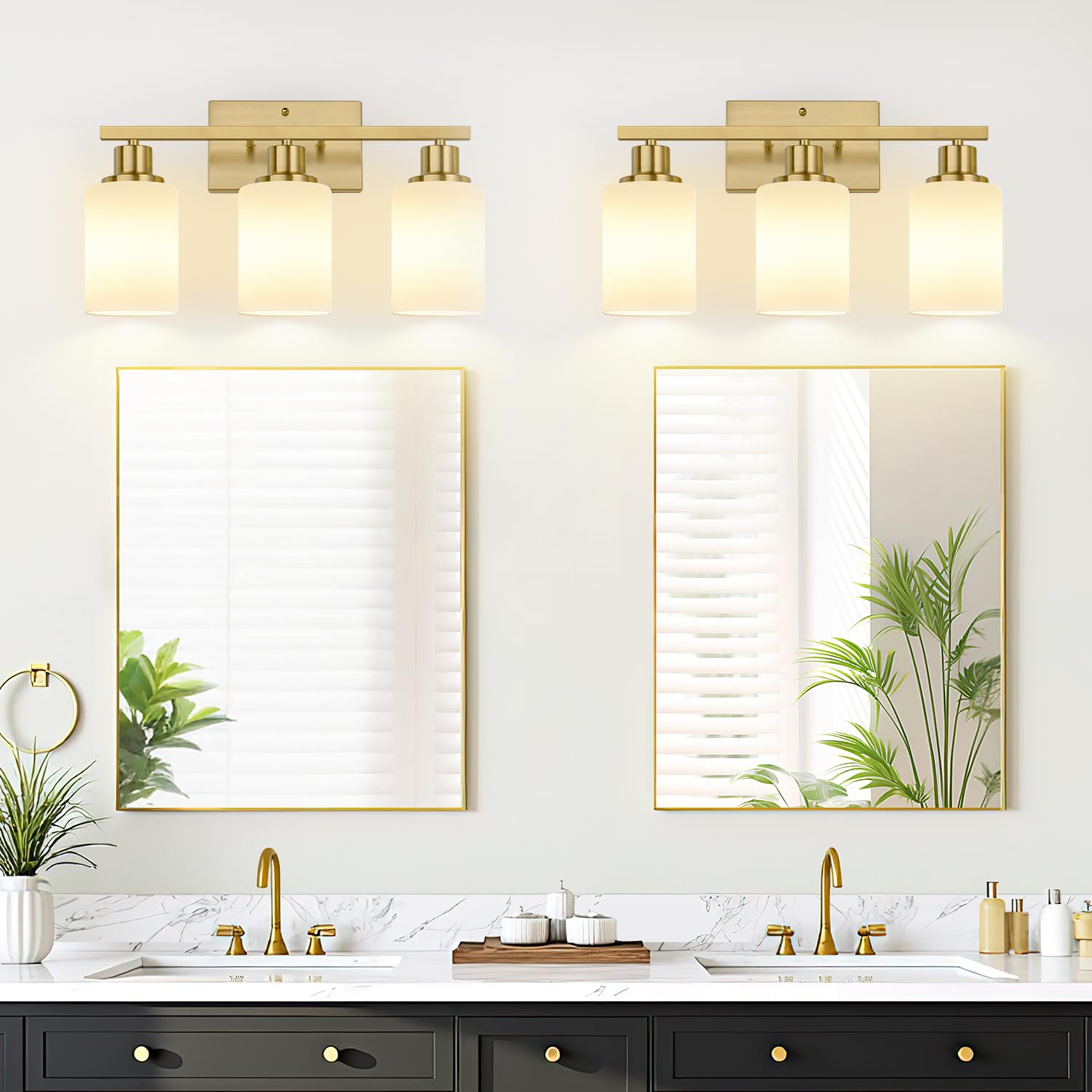 3-Light Bathroom Light Fixtures  Brushed Gold Vanity Light With Milky White Shades  Bathroom Lighting Fixtures Over Mirror  Modern Bathroom Wall Lamp For Mirror Living Room Cabinet Bedroom