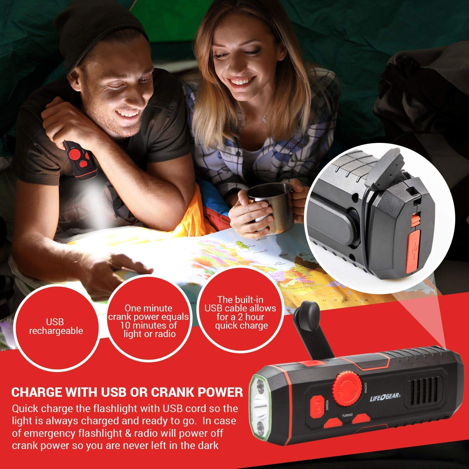 Life Gear StormProof Crank Flashlight - Red & Black, 6.2" x 1.9" x 1.6", Model LG38-60675-RED, Durable &