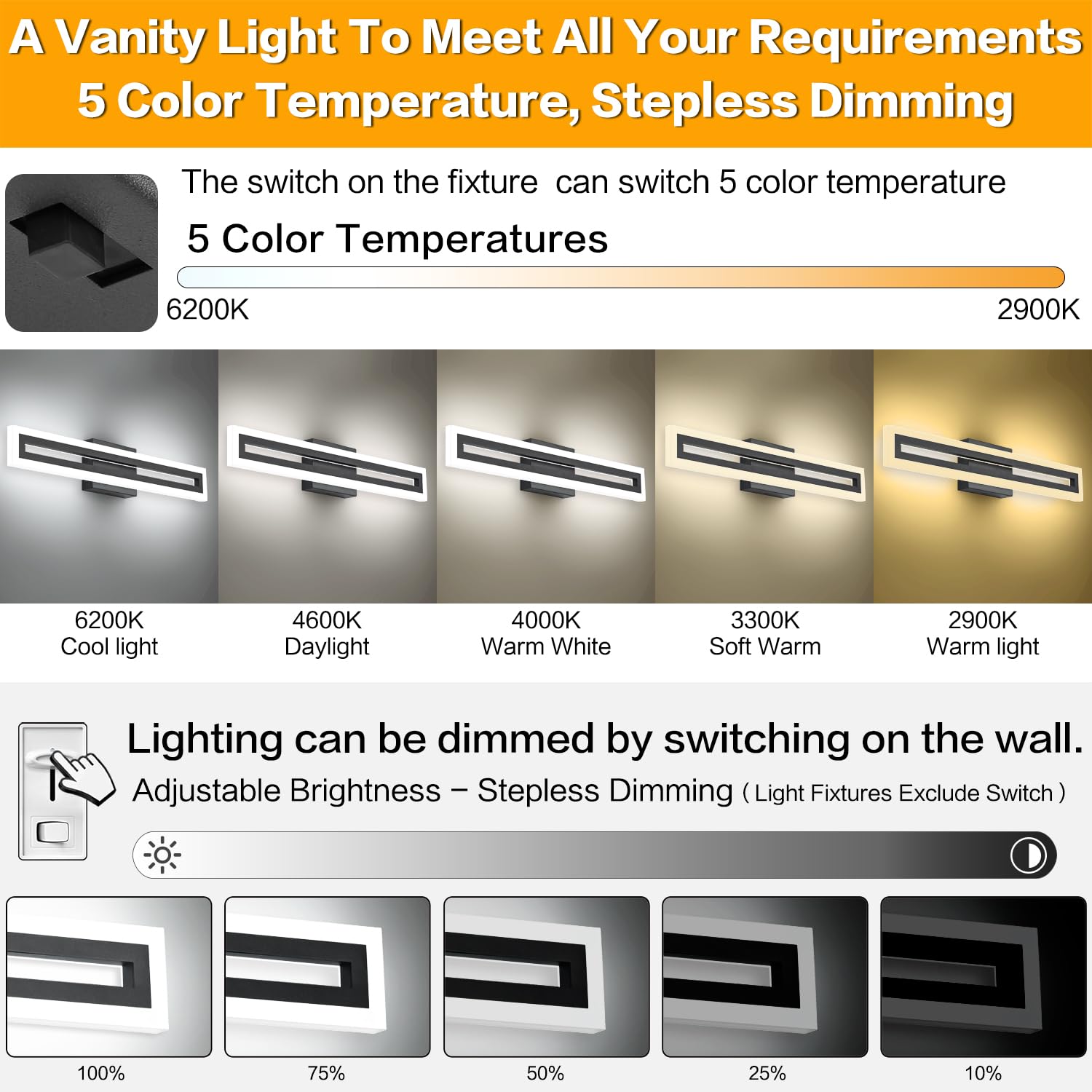 SOLFART 24 inch LED Vanity Light Fixture, Black Adjustable 5CCT, Aluminum, Model S8300-610mm-6000K