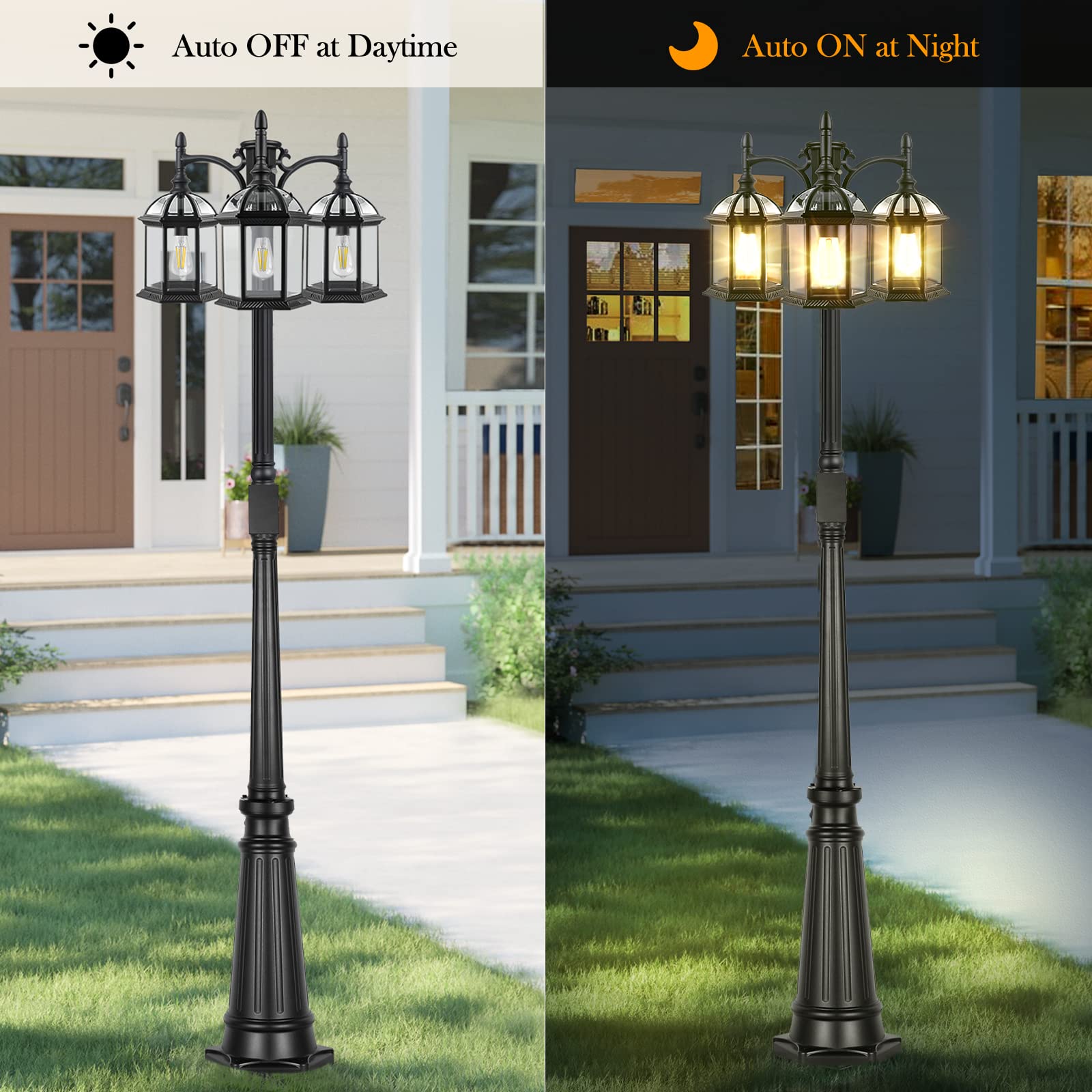 PARTPHONER Dusk to Dawn Outdoor Lamp Post Light, Triple Head, 7ft, Birdcage Black, Aluminum with GFCI Outlet and Sensor