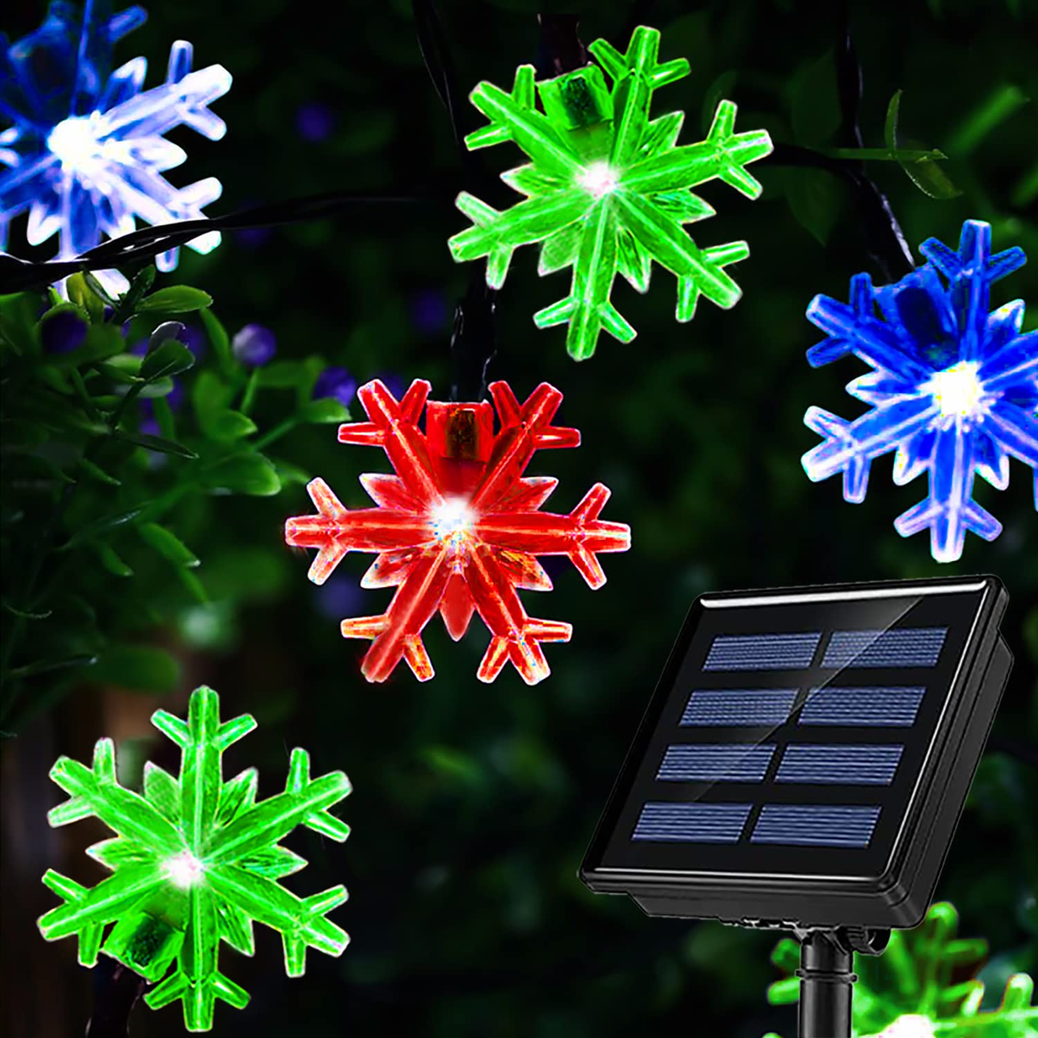 HUGSVIK 30Ft 50 LED Solar Snowflake Lights, Multicolor Solar Powered Outdoor Waterproof LED String Lights for Christmas Tree, Ga