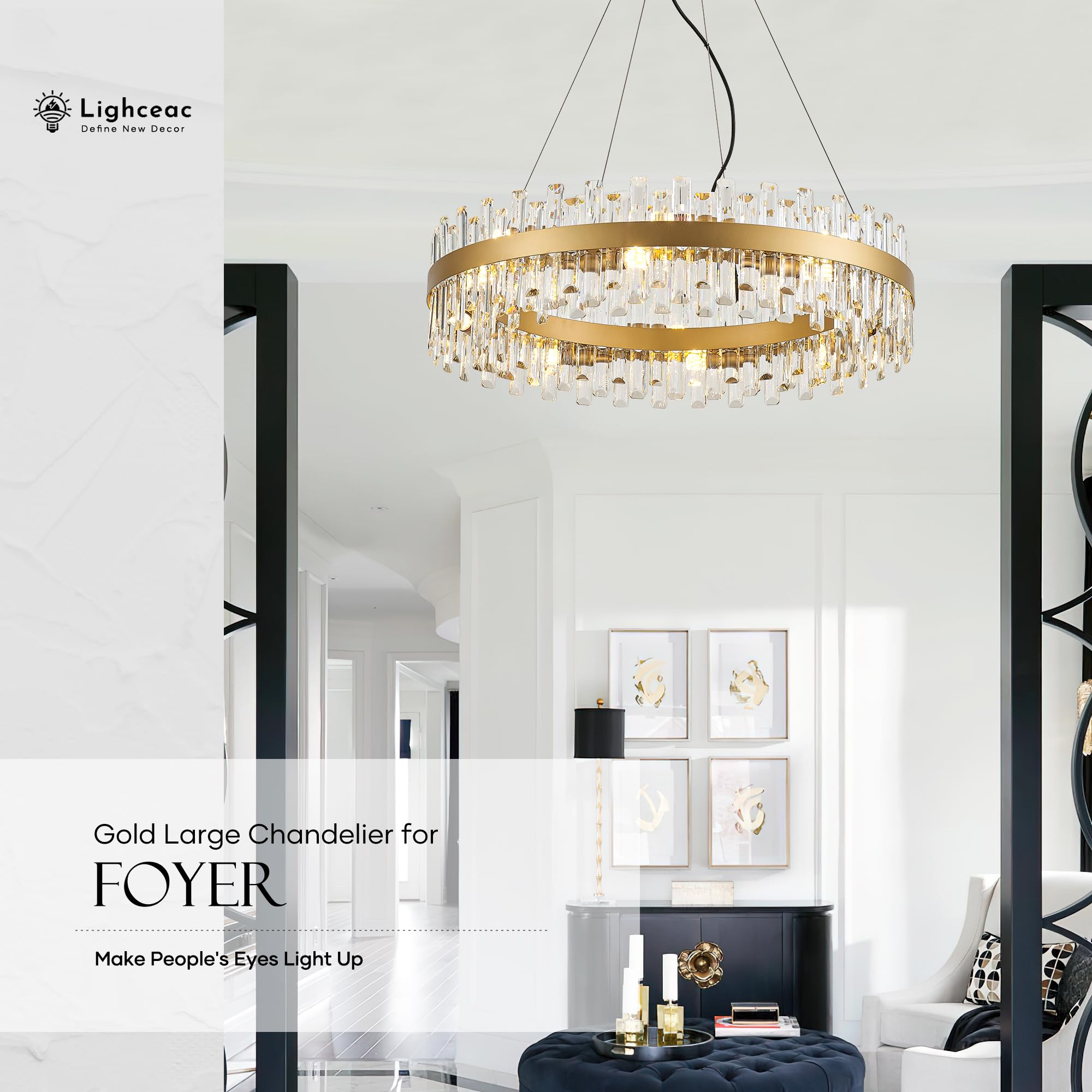 lighceac 31.9" Gold Modern Crystal Chandelier - 16-Light Luxury Pendant for Dining Room, Kitchen, Living Room, Model LX-2409-16A