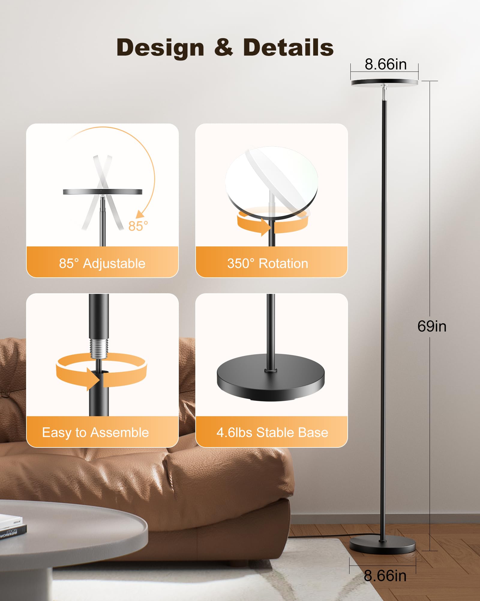 FULSUNT LED Floor Lamp, 30W/3200LM, Dimmable, 69in Tall, Metal, Black, Remote & Touch Control