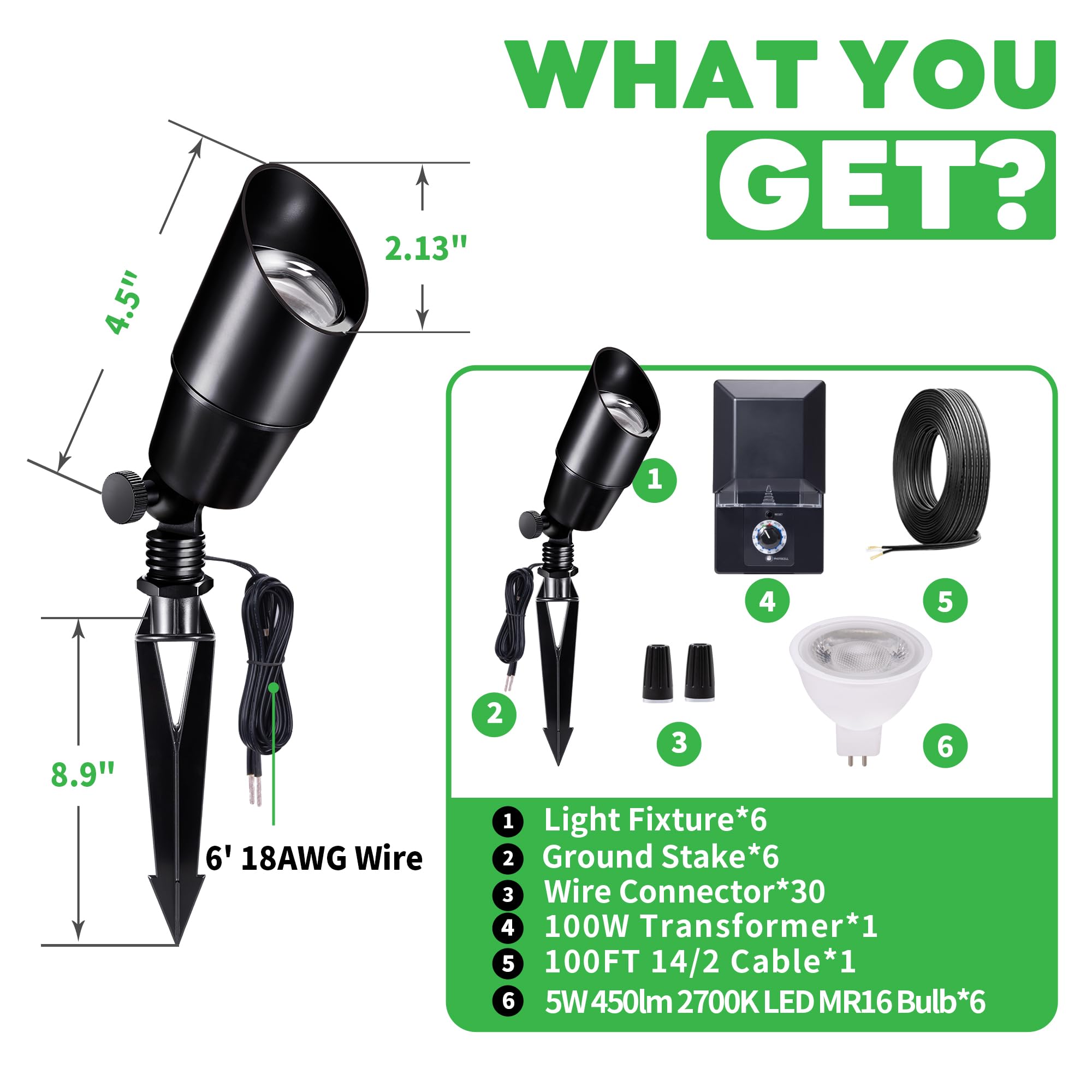 Varmtalys Outdoor Spotlight Kit, 6 Pack Black Low Voltage Landscape Light And 100W Low Voltage Transformer And 100Ft Cable And 3