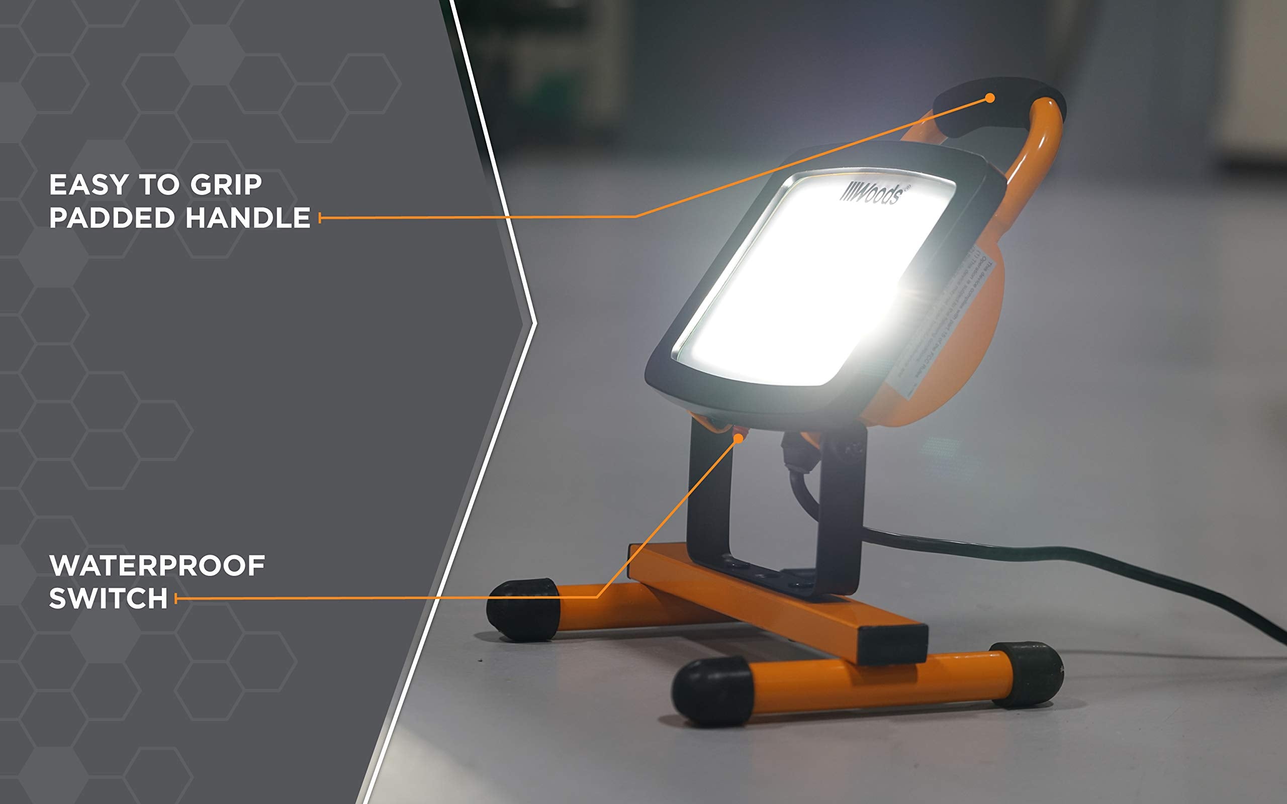 Woods Wl40072 Portable Led Work Light On Steel H-Stand, 6000 Lumens, 72 Watts, 4000 Kelvin, 5 Foot Cord, Orange/Black