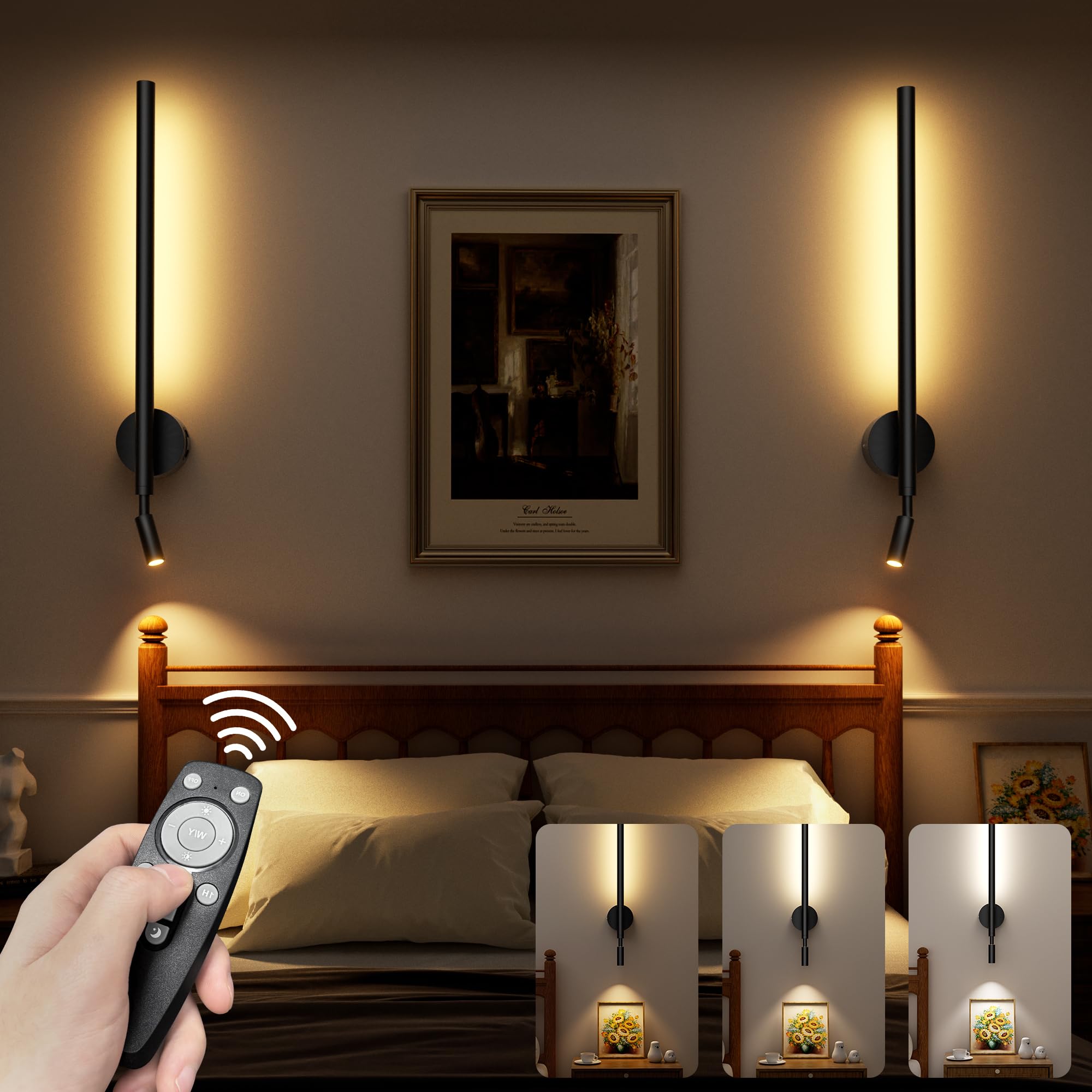 BUTHY Battery Operated Wall Sconces Set of 2, Rechargeable LED, 32in-2Pack with Spotlight, 3 Color Temperature, Metal, Model DX0028