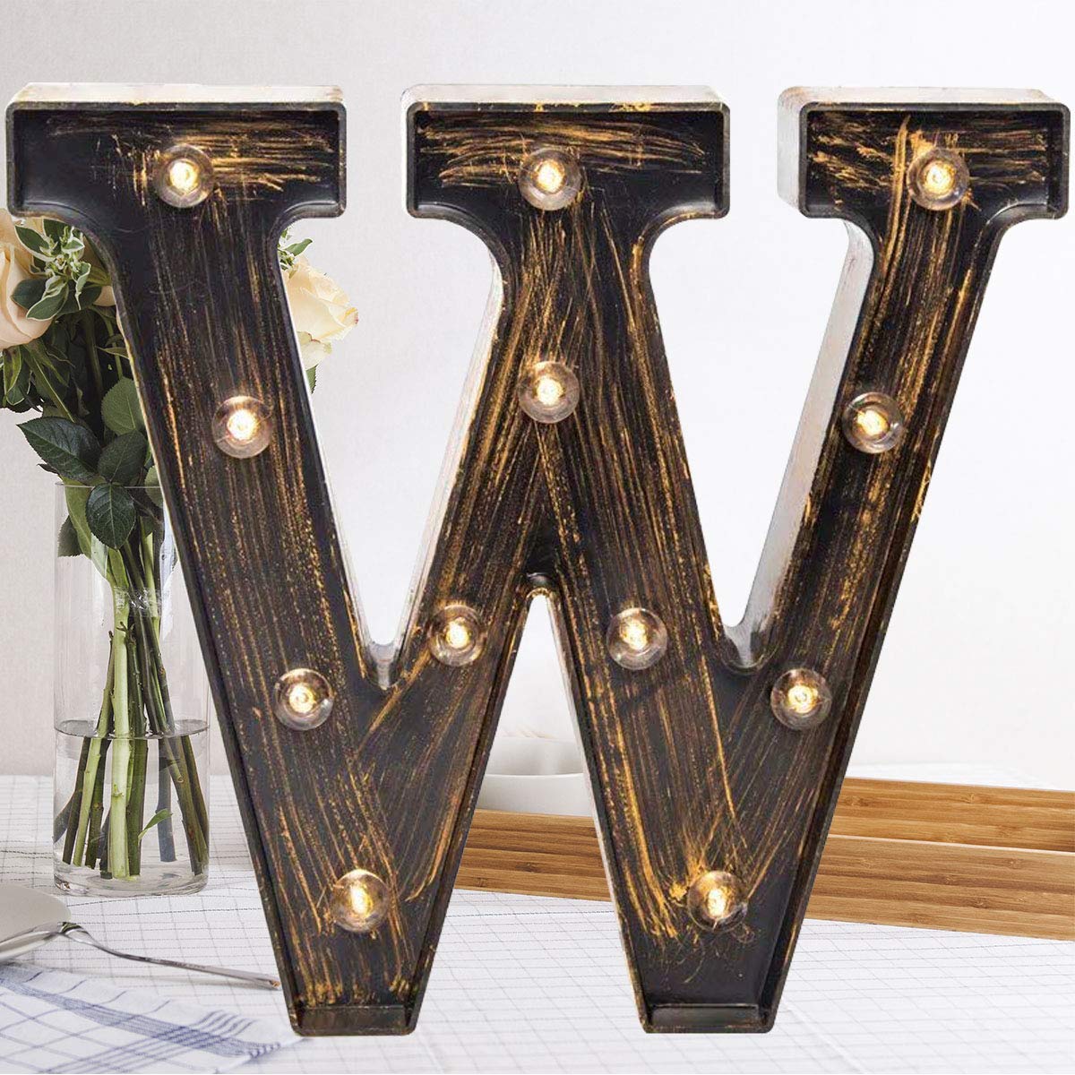 OYCBUZO Golden Black Led Marquee Letter - Industrial, Vintage Style Light Up Alphabet Letter Sign for Cafe Wedding Birthday Party Christmas Lamp Home Bar Initials Decor - W