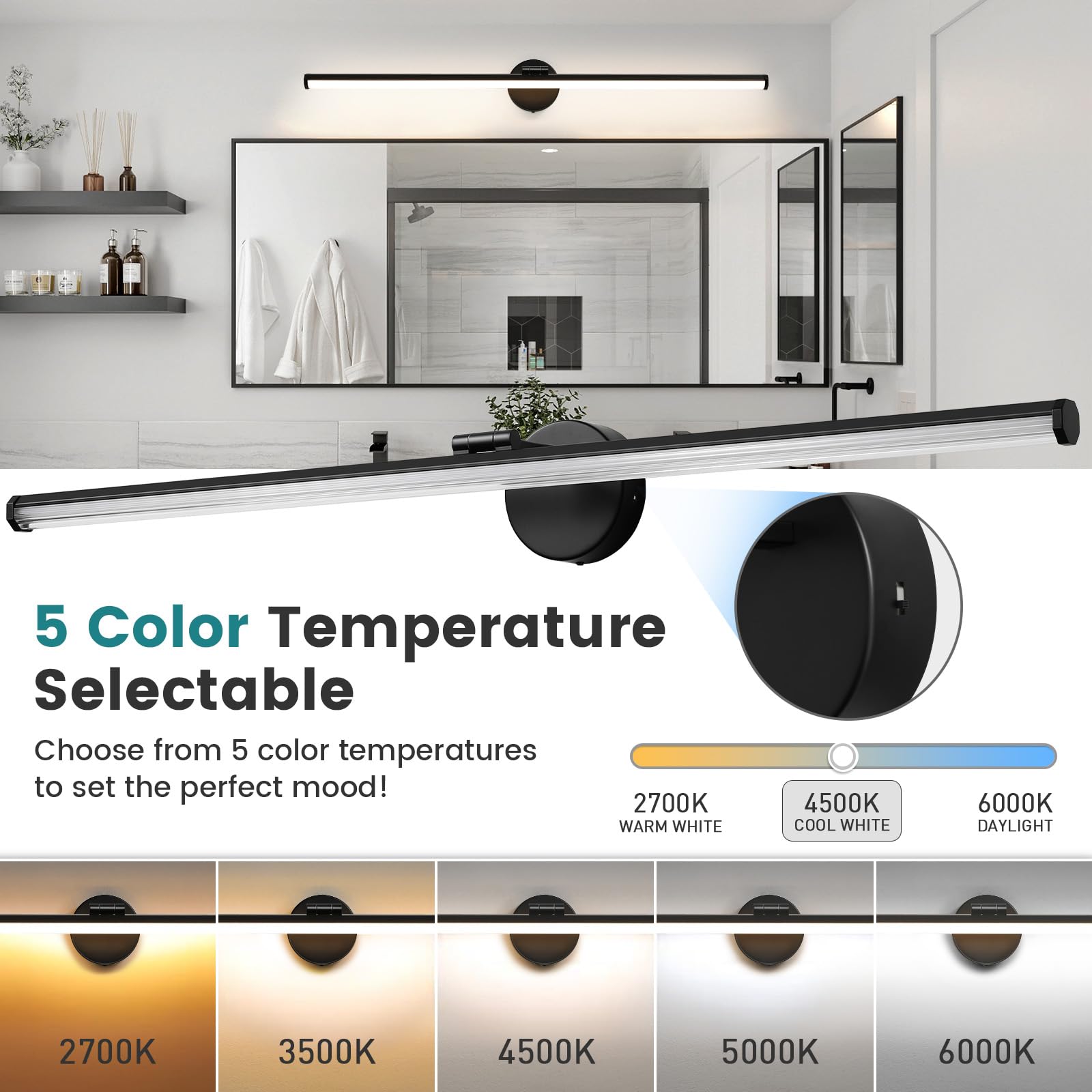 Kaisite Black Vanity Light 39 Inch Modern Bathroom Light Fixture Over Mirror 24W Dimmable 5Cct Led Vanity Light For Bathroom Res