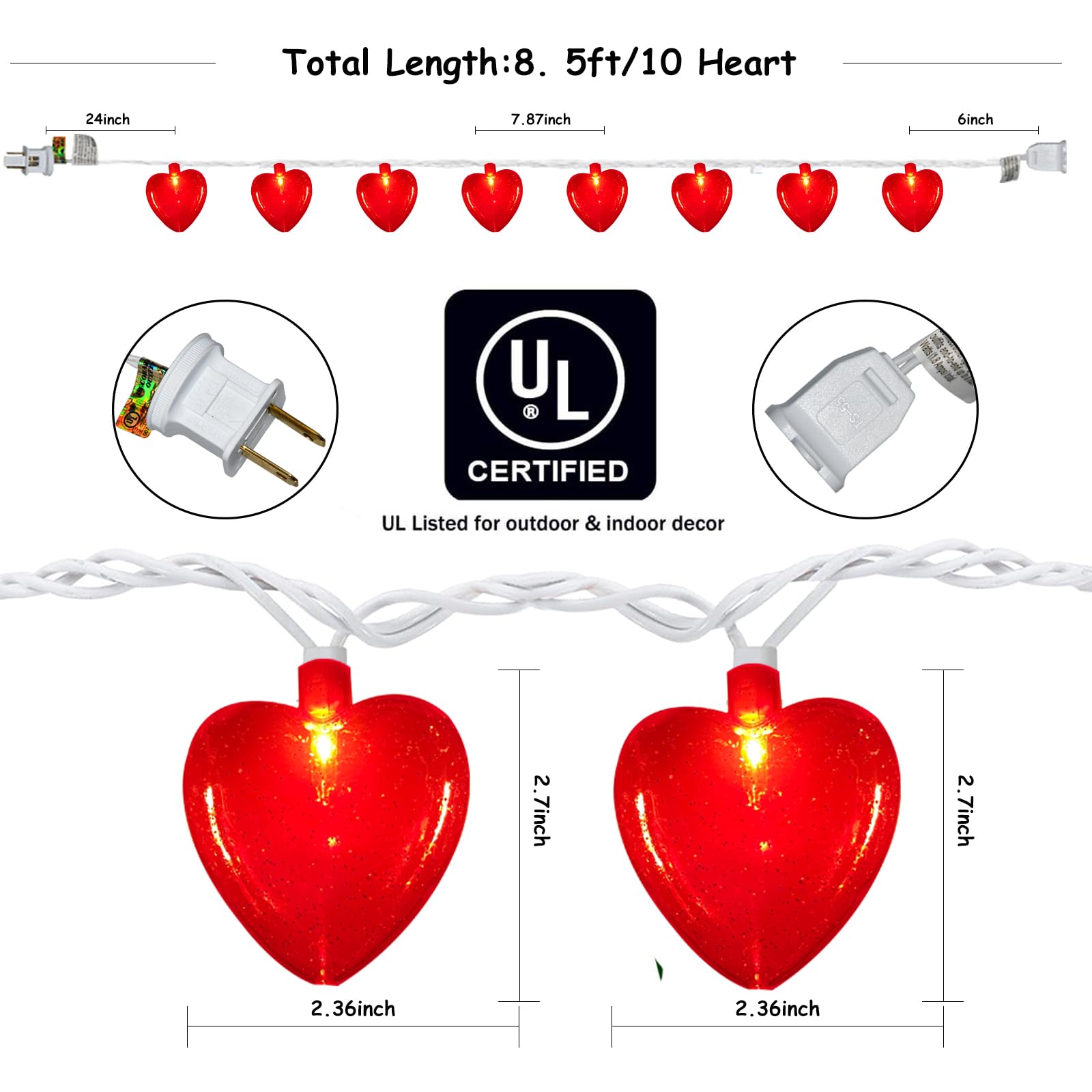 Red Heart Lights,8.5Ft Valentines Day Lights With 10 Red Shiny Glitter Heart Lights, Plug In Heart Lights String For Indoor Party Bedroom Classroom Decorations Anniversary Decor