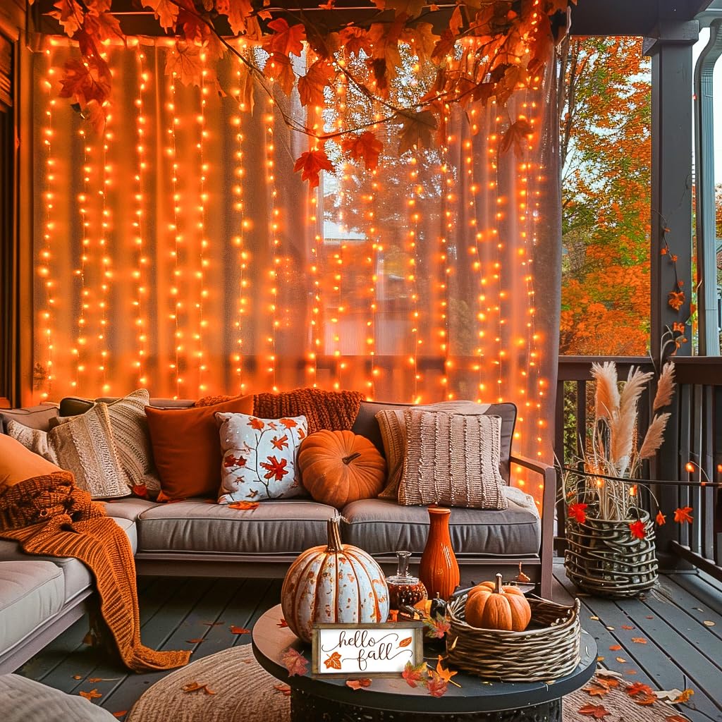 JMEXSUSS 300LED Halloween Curtain Lights with Remote, 8 Modes Orange Hanging String Lights Plug in for Fall Bedroom Party Hallow