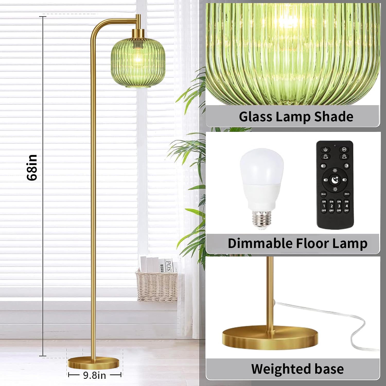 Illmtw Glass Floor Lamp For Living Room,Bedroom,Dimmable Standing Lamp With Remote,Gold Brass Tall Lamp Mid Century Modern Floor