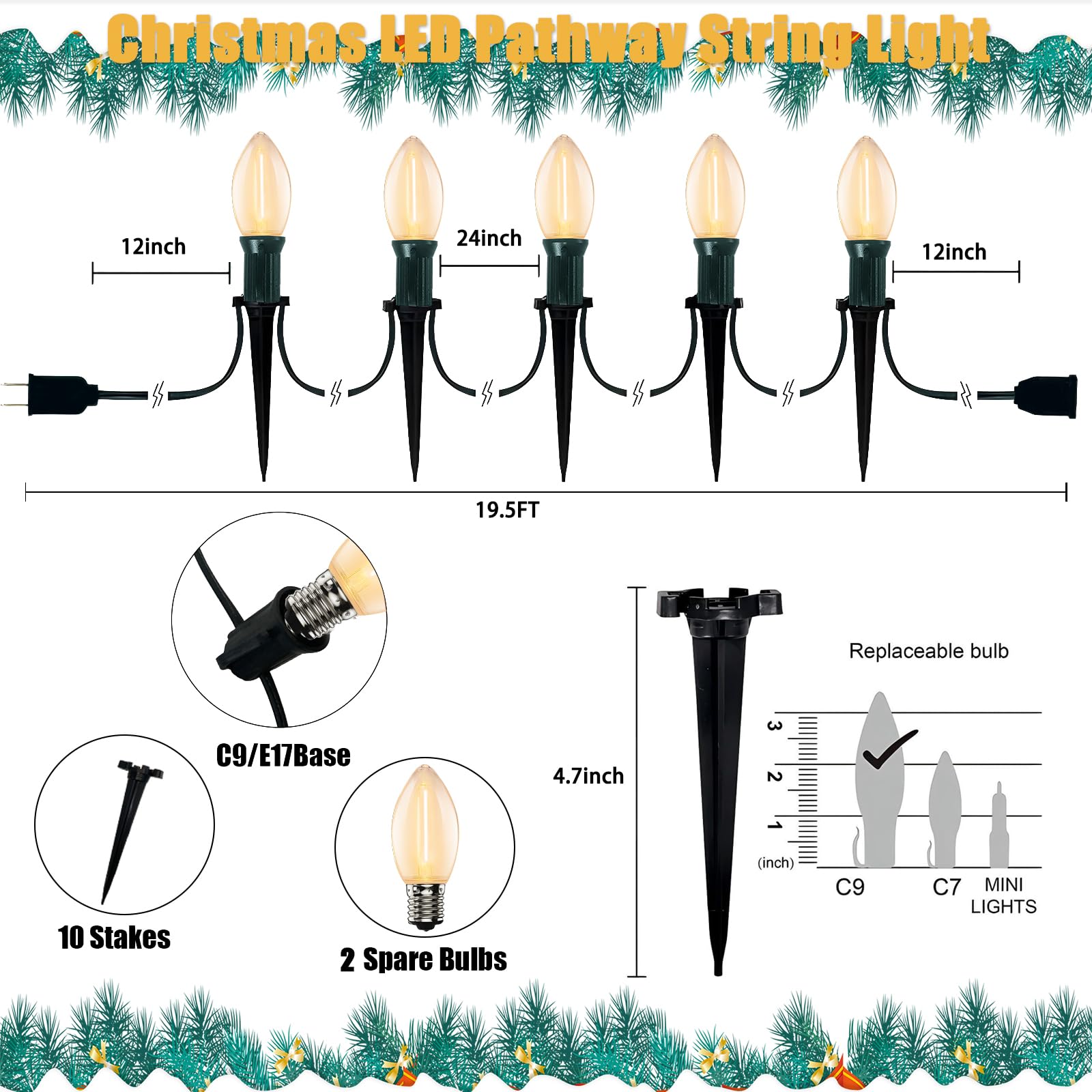 38Ft C9 Led Christmas Pathway Lights Outdoor, 25 C9 Led Warm White Bulbs String Lights Waterproof With Stakes, Connectable Chris