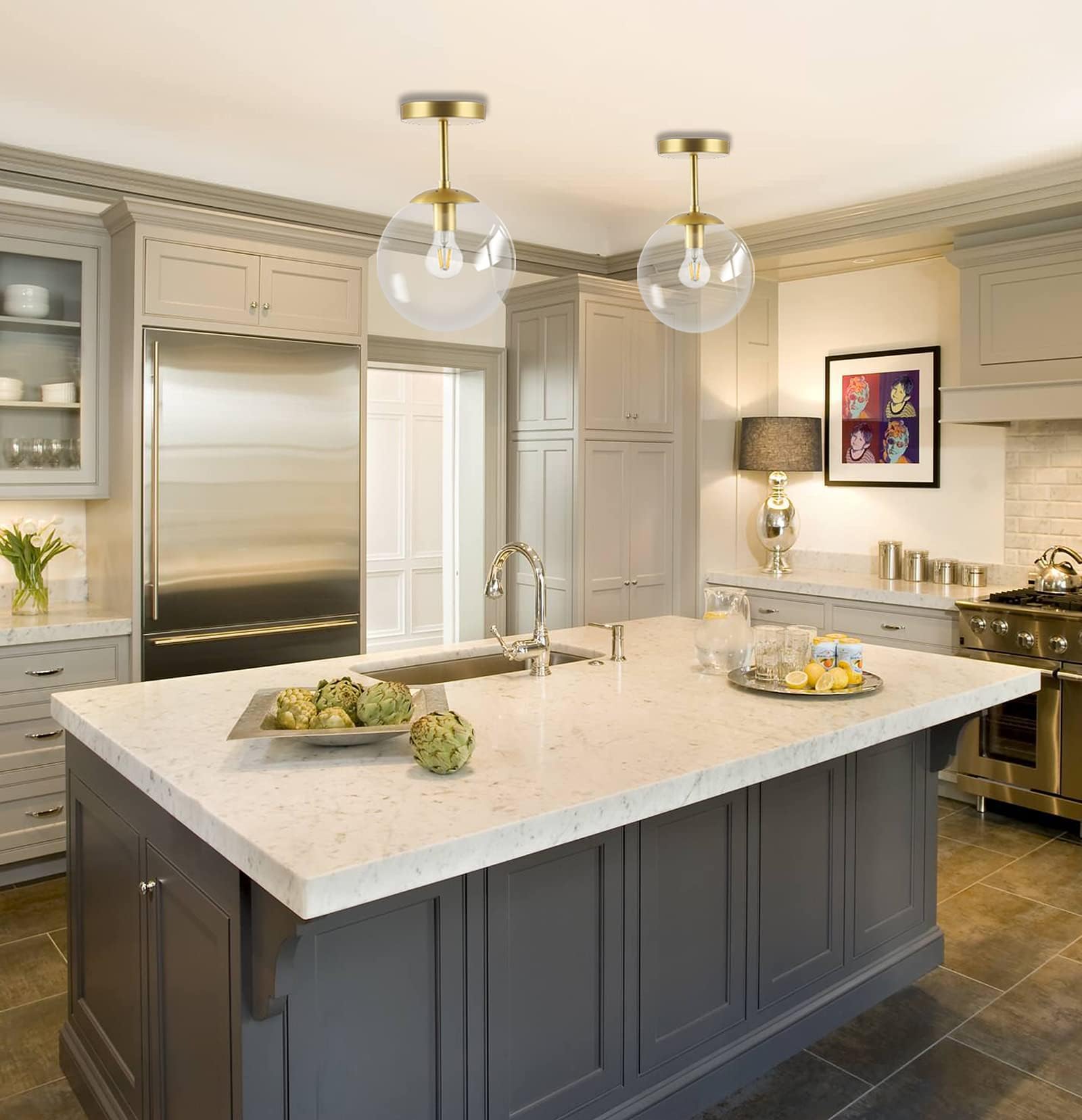 Gold Semi Flush Mount Ceiling Light Globe Ceiling Light Brass Finish With Clear Glass Shade, Contemporary Mid Century Modern Sty