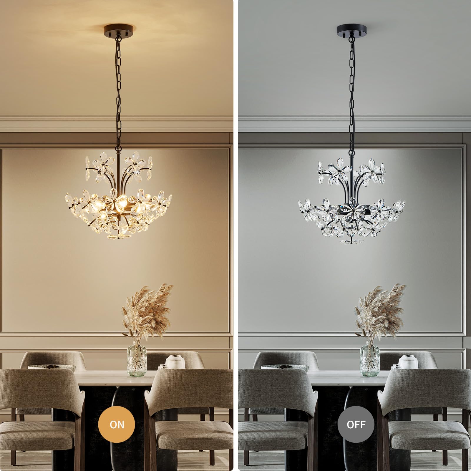 WUZUPS Crystal Chandelier Pendant Light, 15.7in H x 17.7in W, Black, 6 Lights, Metal, Model USHD90013P-B