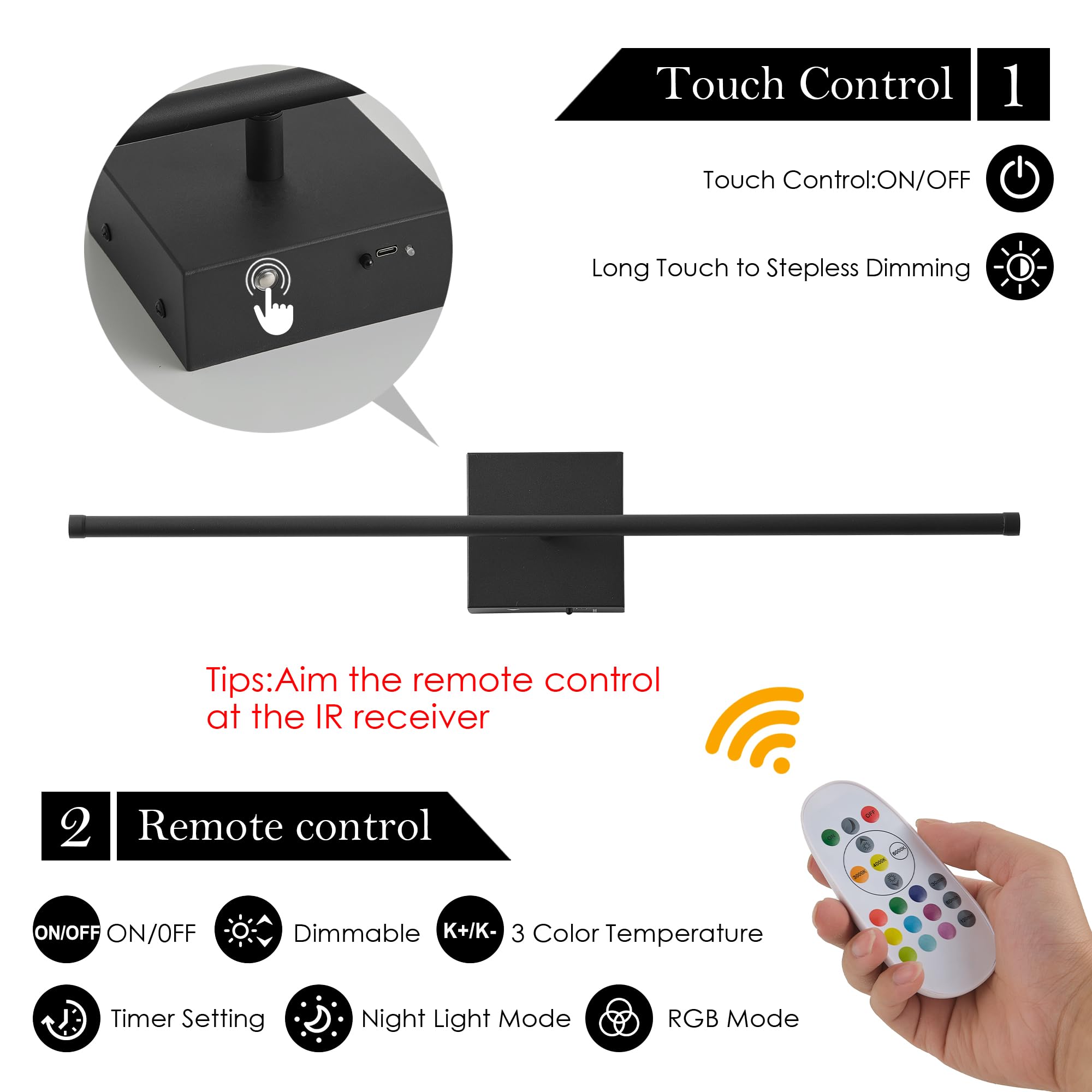 KARTOOSH Wireless Wall Sconces Set of Two, Dimmable LED, 24.4" Black, RGB Colors, Remote Control, Model ZM210BBLR60-N1