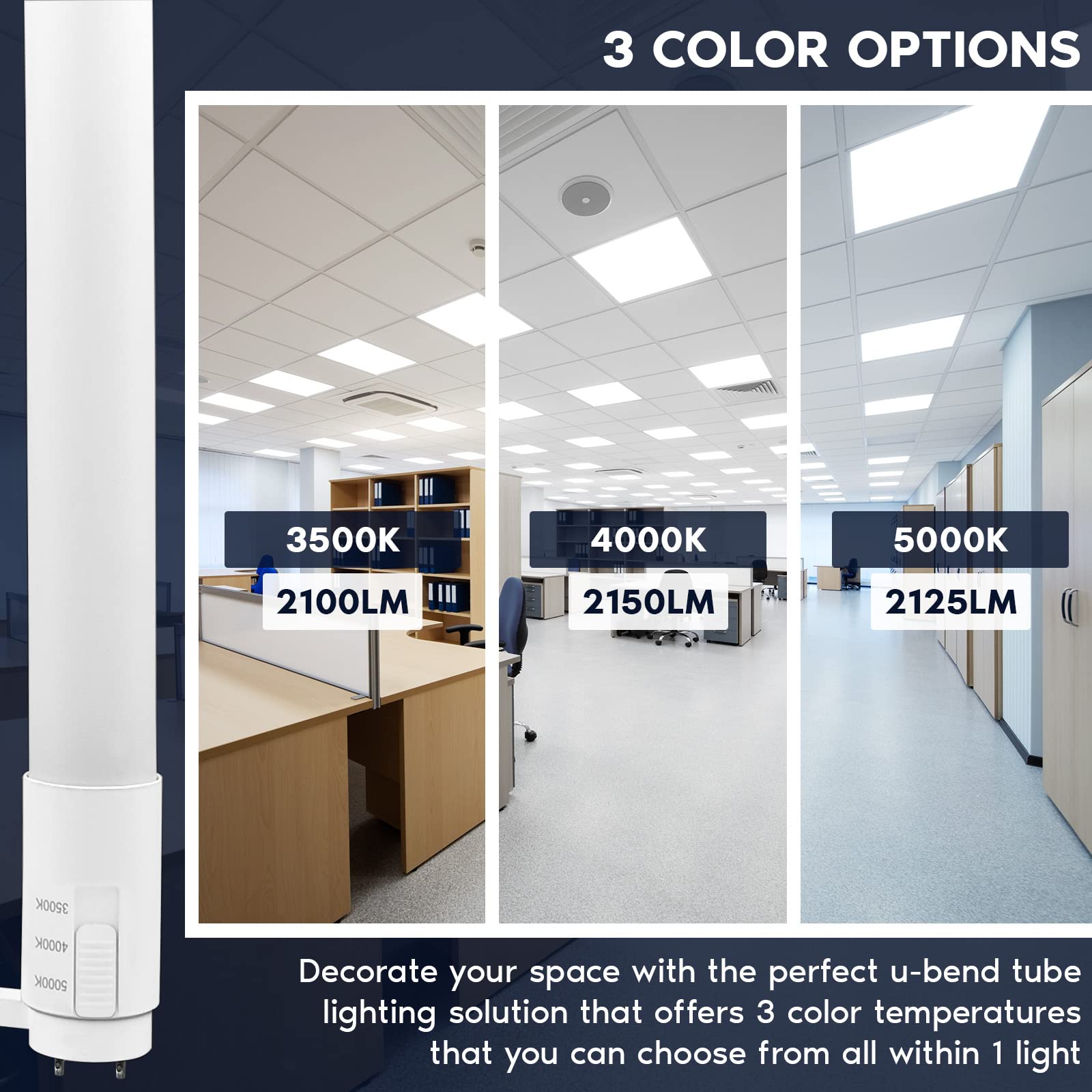 LUXRITE U Bend LED Tube Light, T8/T12, 3CCT 3500K/4000K/5000K, 17.5W, 2100