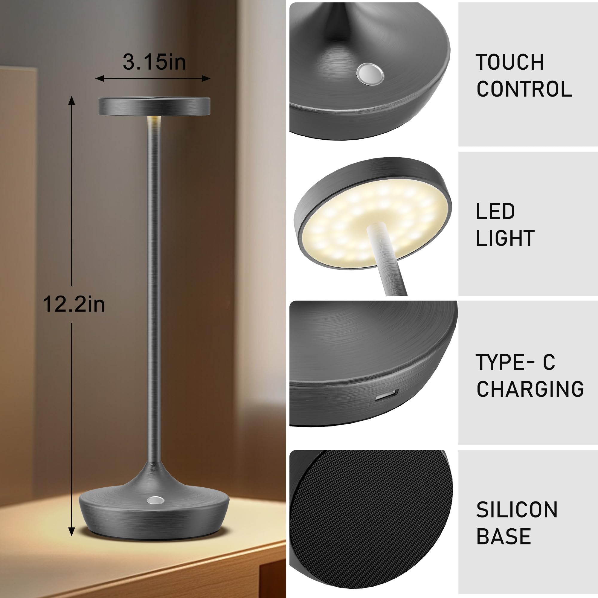 YHT Rechargeable Cordless Table Lamp, 6000mAh LED, Waterproof, 3-Color Touch Dimmable, Grey-2P, Model X86