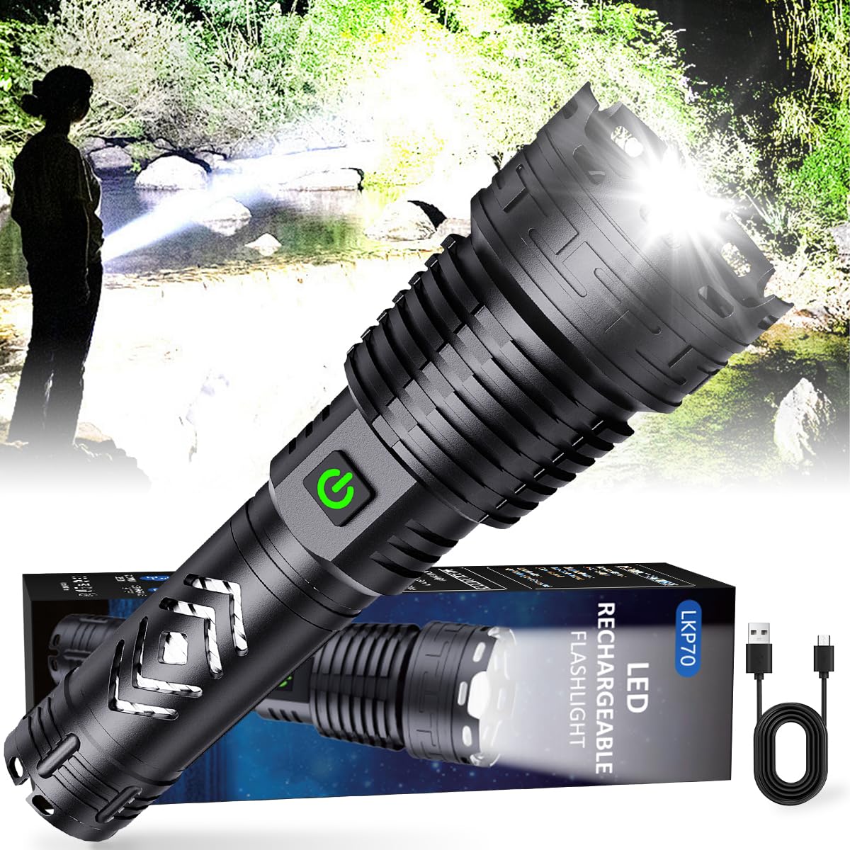 Alifa Rechargeable LED Tactical Flashlight, 990000 Lumens, 5 Modes, IPX67 Waterproof, Large-Black, Model LKP70