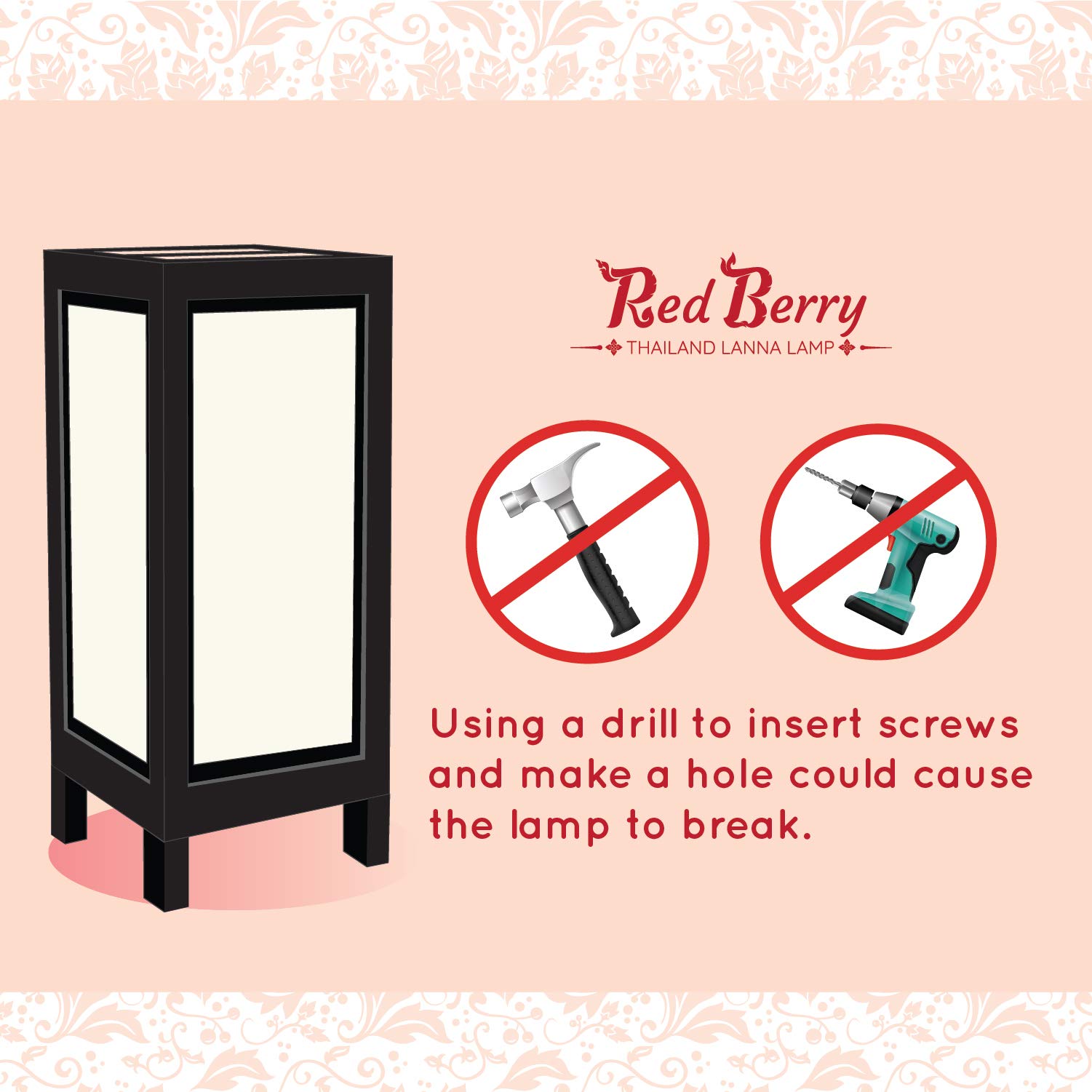 Red Berry Thailand Lanna Lamp - Japanese Bedside Lamp, Asian Decorative Table Lamp, Red Paper Design, Perfect for Nightstands