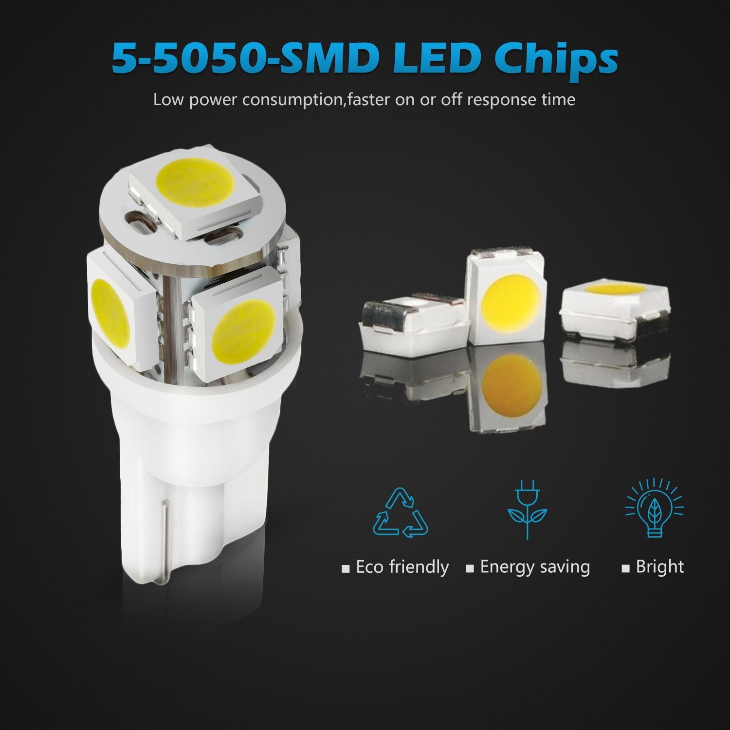 Partsam T10 LED Light Bulbs 5X White 161 168 194 Wedge Base Lights 5-5050-SMD for Cab Roof Running Marker Light LED Backup Licen