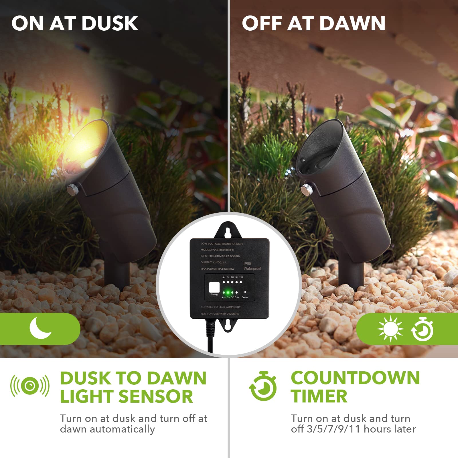 Paktonvo 60W Low Voltage Transformer with Timer & Photocell, 120V AC to 12V DC, Waterproof for LED Landscape Lights, Black