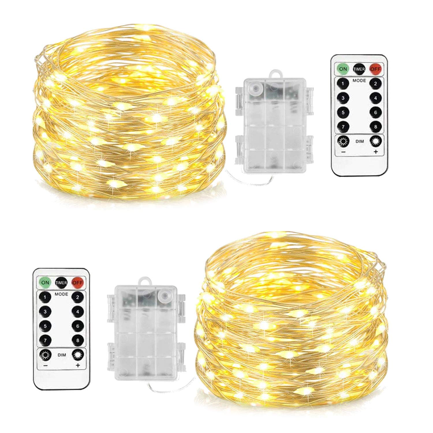 Homemory Fairy Lights, 20 Ft, 60 LED, Battery Operated, Warm White, Waterproof, 8 Modes, 2 Pack