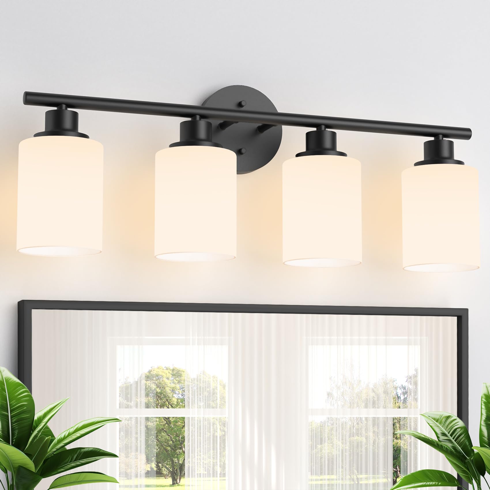 Weyderk Black Bathroom Vanity Light - 4-Light Bathroom Light Fixtures With White Glass Shades, Ul Certification & E26 Base Bathr