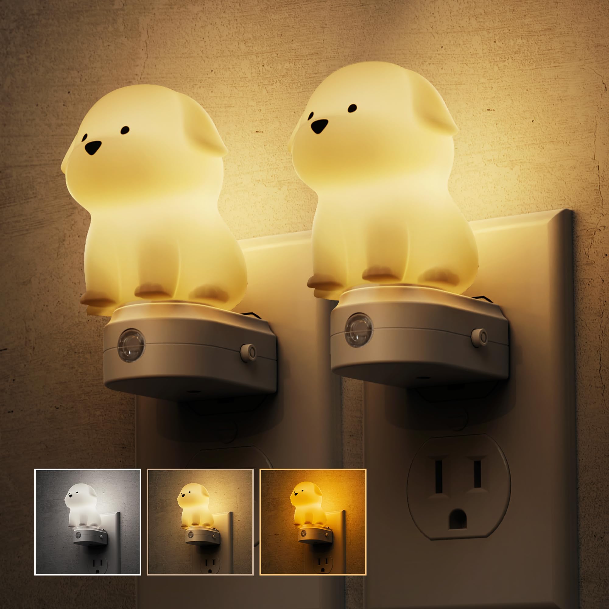 L LOHAS LED Plug in Night Light for Kids,2-Pack 3D Cute Puppy Night Lights with Dusk to Dawn Sensor,1600K/2700K/5000K 3CCT Dog N
