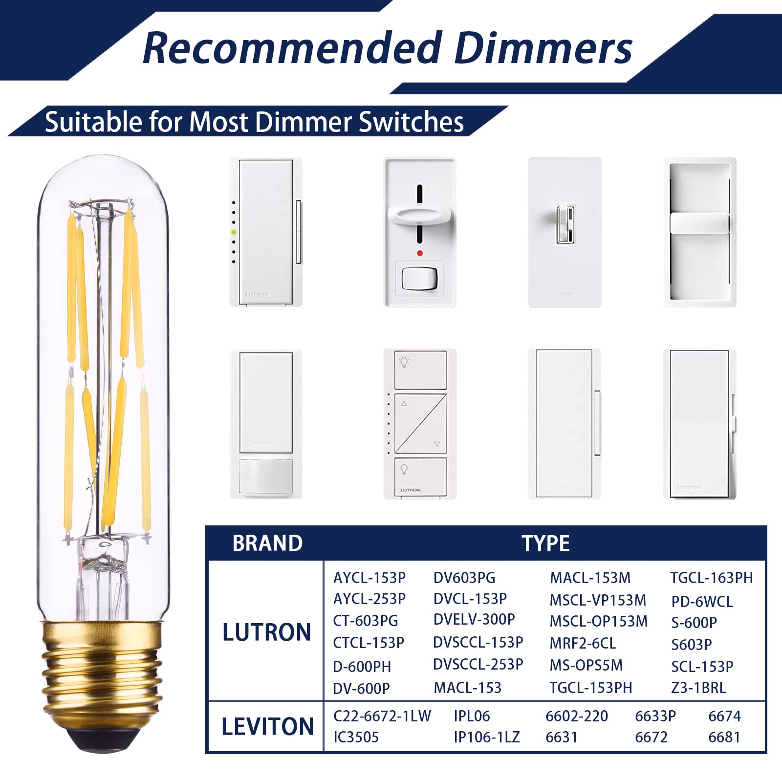 Create Bright Candelabra Led Light Bulbs T10 Tubular Edison Led Filament Bulb 8W E26 Daylight White 5000K,Clear Glass,960Lm,12 P