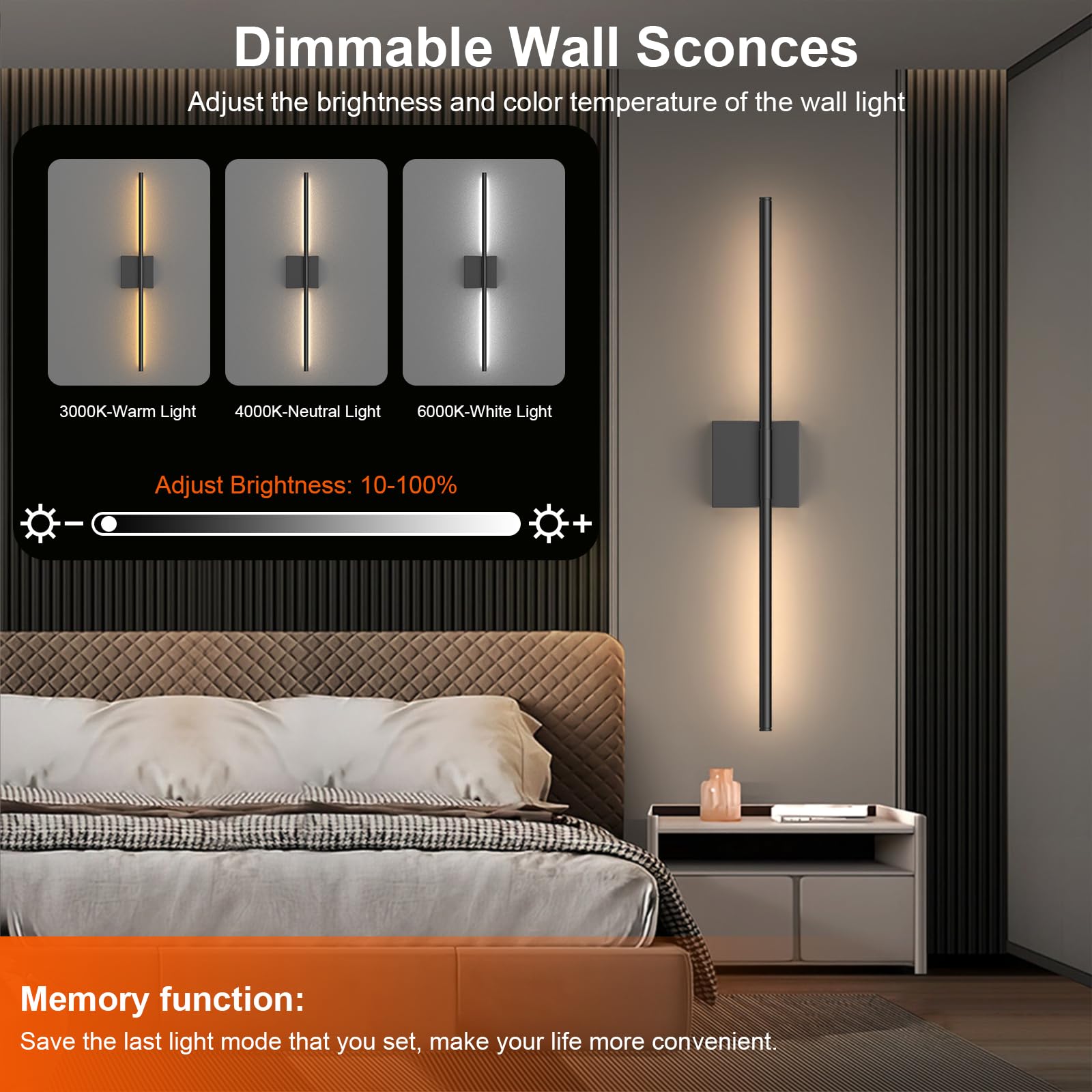 Tartek Battery Operated Wall Sconces Set of Two, Dimmable LED 3000K-6000K, 32 Inch, Black, Model SE-WS-PB01S