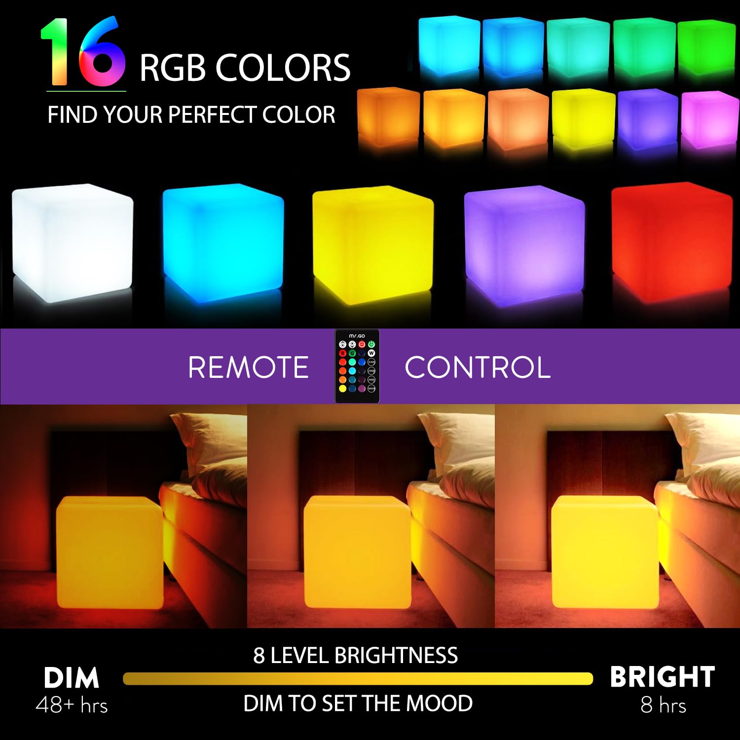 Mr.Go LED Cube Chair Light - 16-inch Rechargeable Waterproof Color Changing Seat, 16 RGB Colors, Model CQ-C105, Polyethylene