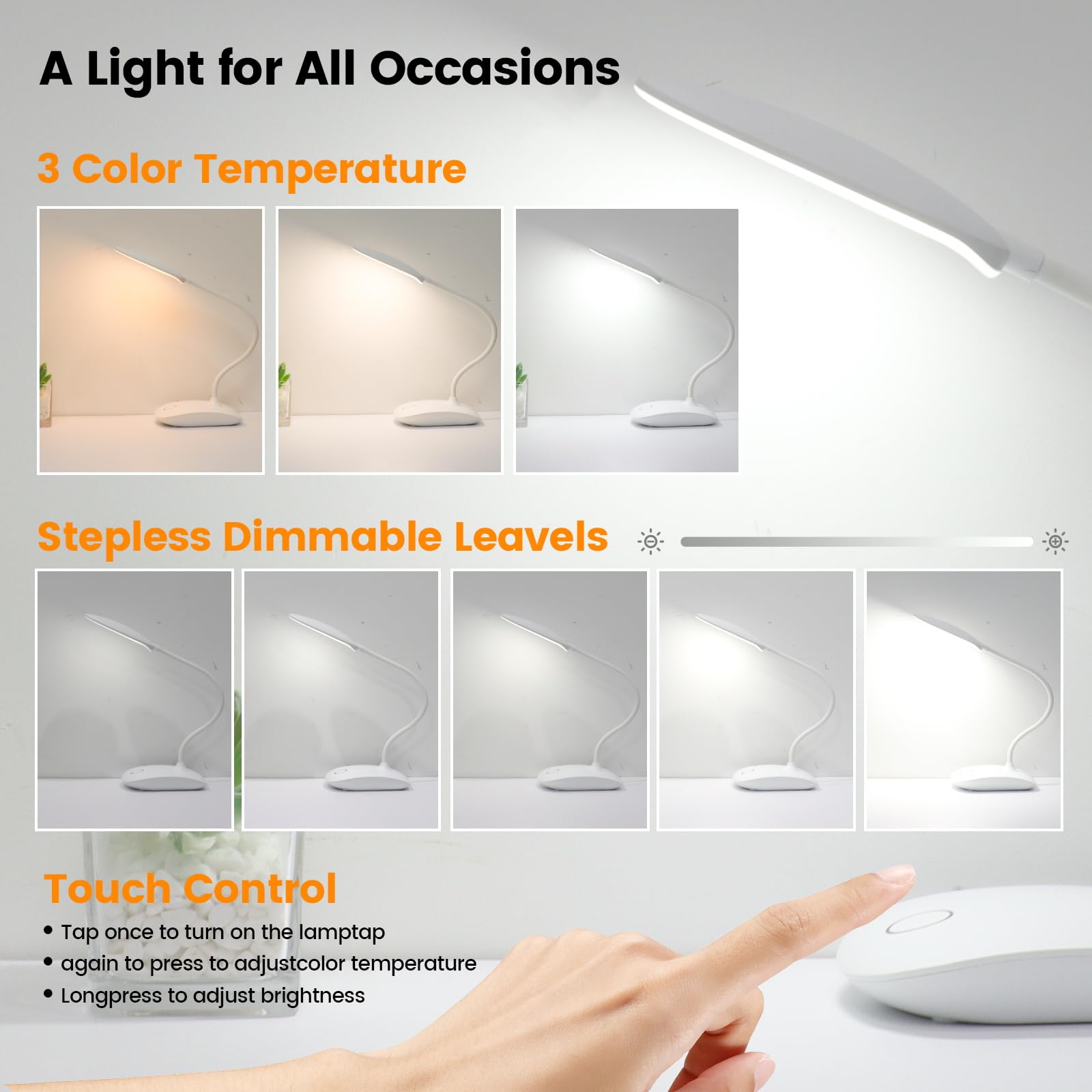 Battery Powered Desk Lamp, Portable Lamps Rechargeable 3 Color Modes Touch Control Stepless Dimming, Wireless Desk Lamp With 200