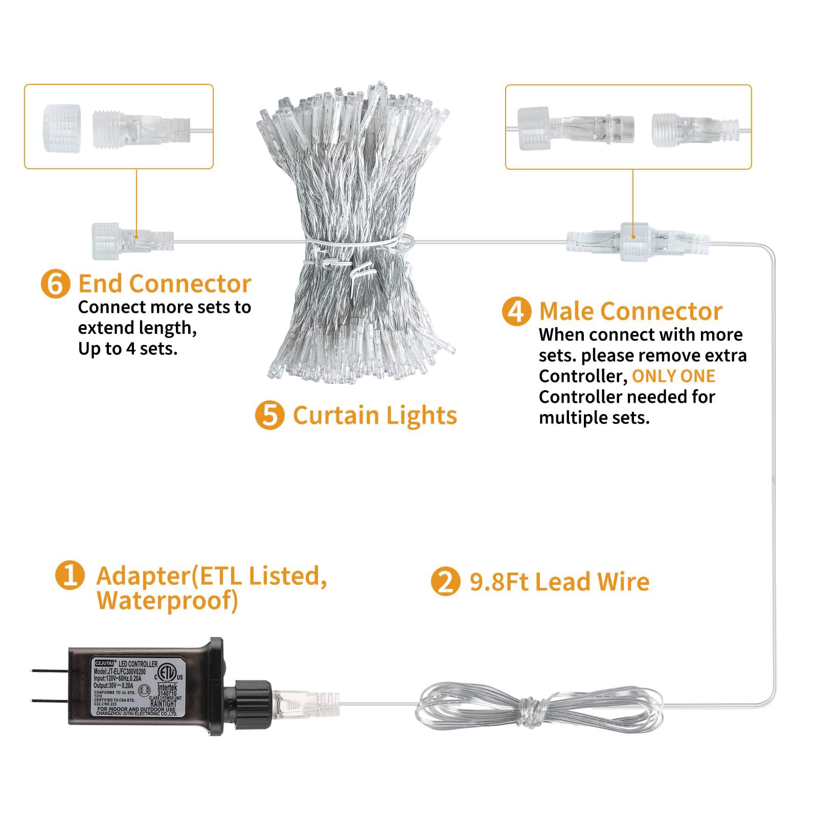 Brightown 300 Led Curtain Lights For Bedroom 9.8 Ft Hanging Window Lights With Remote, Connectable, 8 Modes, Waterproof Fairy Lights For Outdoor Indoor Christmas Holiday Party, Orange