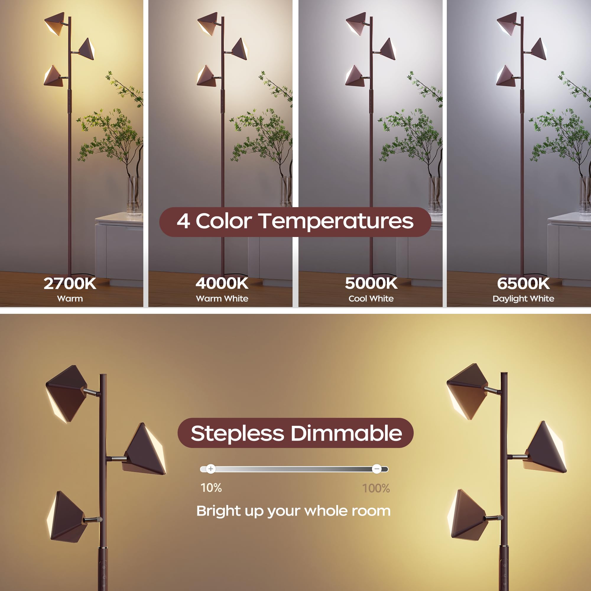 ROTTOGOON LED Tree Floor Lamp, 36W Dimmable with Remote, 4 Color Temperatures, Brown, Model ROFP086AZ1