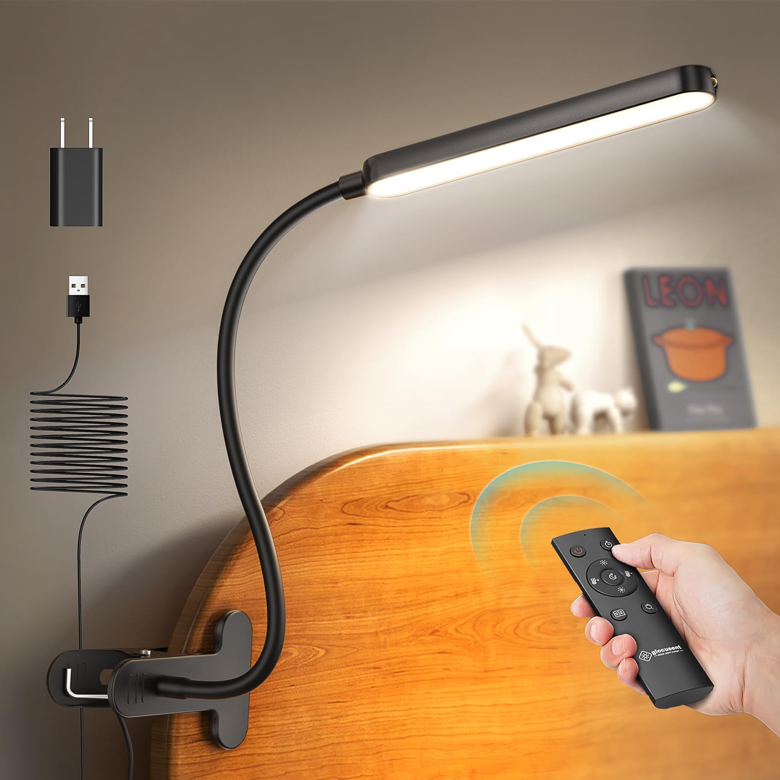 Glocusent Clip On Light, 5W Multi-Purpose Bed Lamp, 38 LED, 5 Brightness Levels, Remote, Auto Off Timer, Black, Model A31