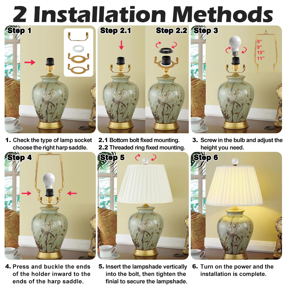 Asjeumt 8 9 10 11 Inch Lamp Shade Harp Holder, Antique Gold Adjustable Height Harp Kit With Crystal & Metal Finial, Diy Replacem